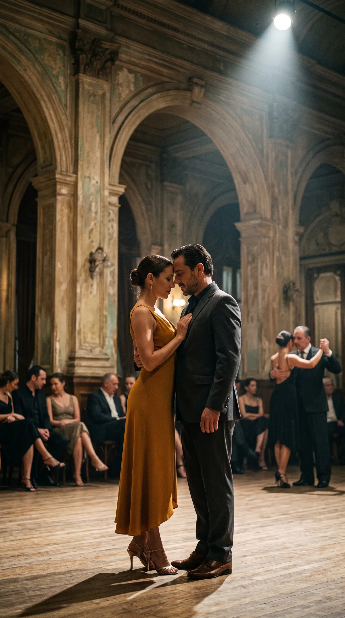 In a grand, aging ballroom with distressed walls and wooden floors, a man and a woman stand intimately close under a bright top spotlight. The woman is wearing a sleeveless, midi-length yellow dress and light brown strappy heels. Her hair is tied in a low bun, and she has her eyes closed, with her hand resting on the man's chest. The man, presenting with a short beard and dark slicked-back hair, is wearing a grey suit over a black shirt and brown dress shoes; his eyes are also closed. In the dimly lit background, a seated audience watches, and another couple is visible dancing on the right.