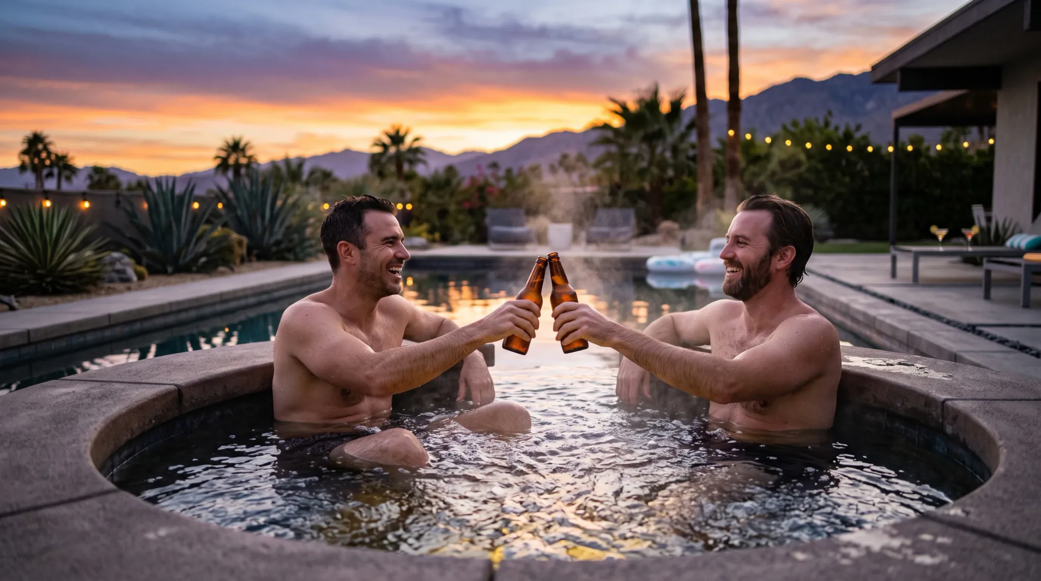 Two smiling men sit relaxed in an outdoor circular hot tub at dusk, clinking brown glass beer bottles together in a celebratory toast. Wisps of steam rise from the heated water into the cool twilight air. In the background, a serene swimming pool, palm trees, glowing string lights, and desert mountain ridges are silhouetted against a vibrant orange and purple sunset sky.