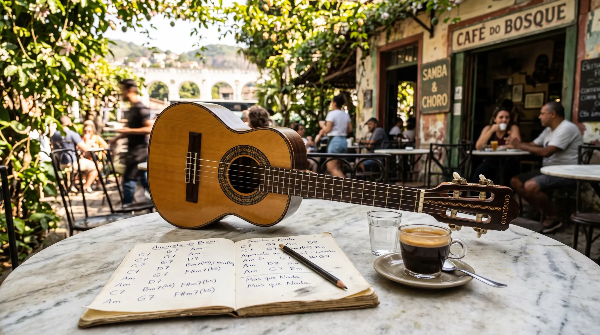 A small brown four-string cavaquinho-like instrument rests across a marble café table beside an open handwritten chord notebook, pencil, espresso, and water. The sunny outdoor dining area is leafy and busy, with seated and standing patrons, a readable Café do Bosque sign, and an arched structure visible beyond the patio.