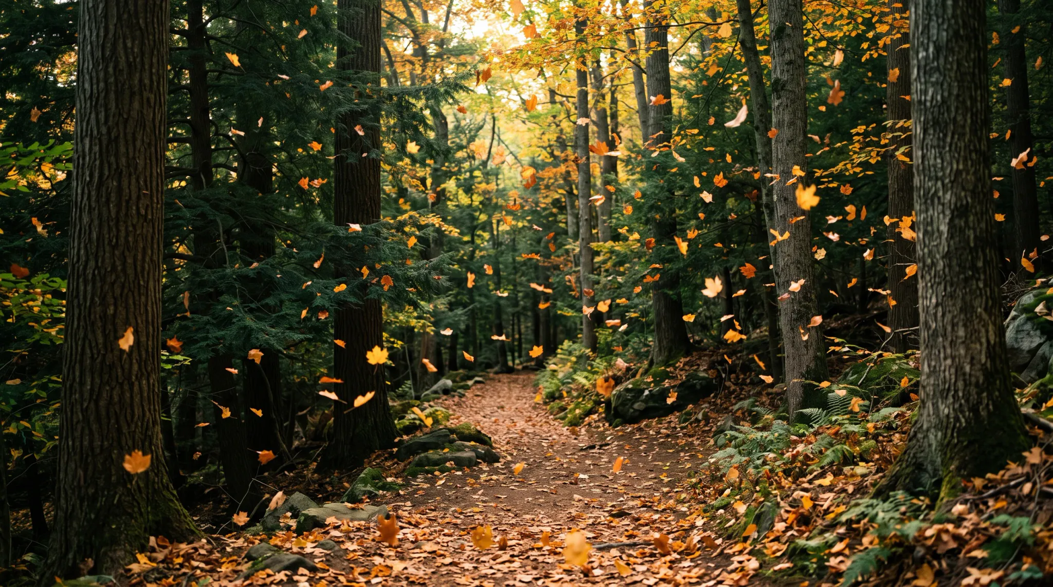A scenic woodland dirt path winds through a dense forest in autumn. Golden, amber, and orange leaves drift down through the air onto the ground, forming a rich carpet of leaf litter along the trail. Large mature tree trunks flank the foreground while evergreen conifers, mossy boulders, and ferns line the edges under soft, diffuse daylight.