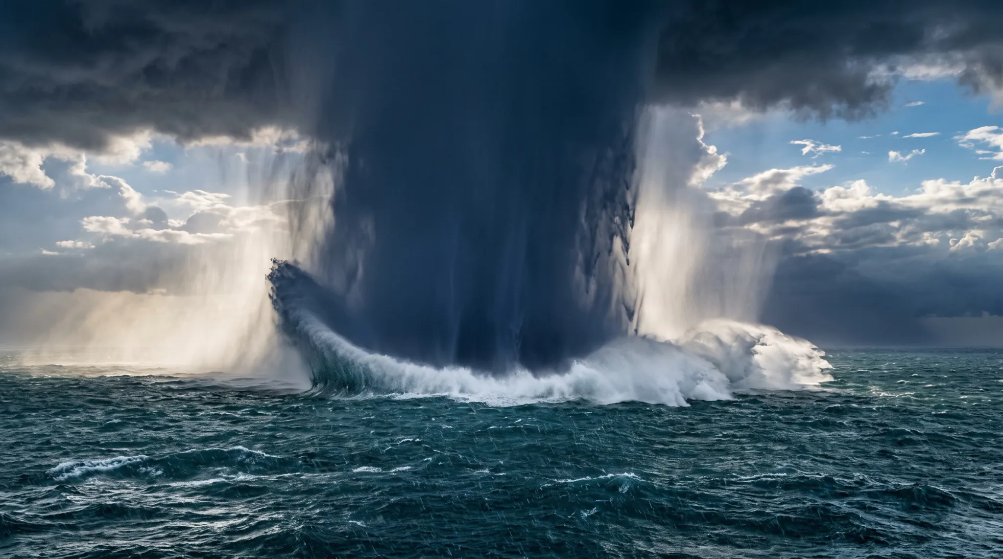 A dramatic severe storm over open ocean waters featuring a massive dark rain shaft or microburst plunging into the sea, generating large crashing white waves and spray beneath heavy storm clouds.