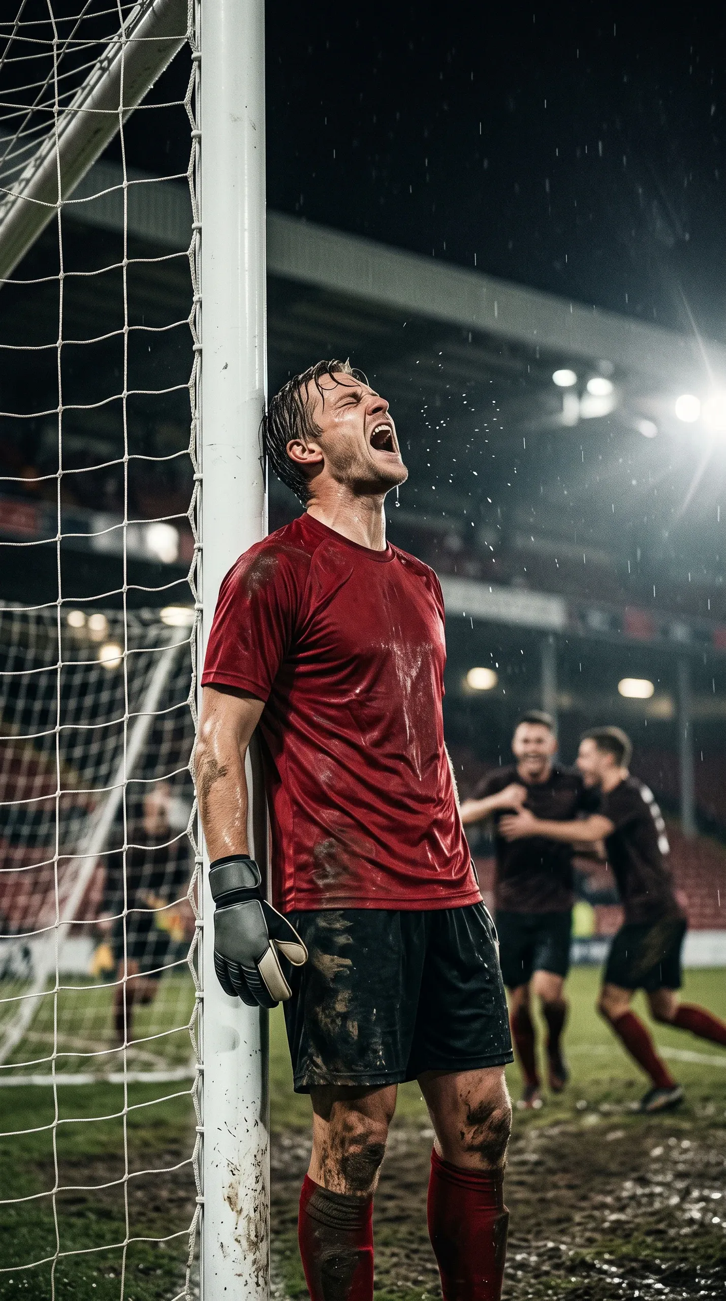 A rain-soaked adult male soccer goalkeeper in a red short-sleeve shirt, black shorts, red socks, and padded gloves leans against a white goalpost and shouts upward during a night match. The muddy grass field, goal net, stadium structure, bright floodlights, falling rain, and two blurred players embracing in the background are visible.