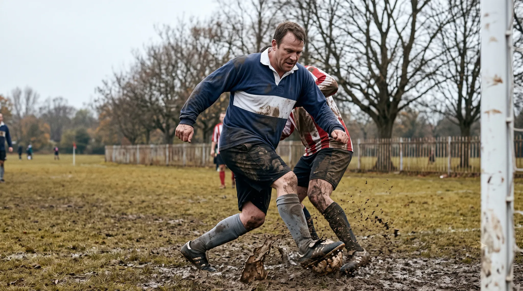 Two adult men compete for a mud-splattered soccer ball during an outdoor match on a waterlogged, muddy grass pitch. The foreground player wears a blue and white long-sleeved jersey splattered with mud as he lunges forward, splashing through a thick puddle, while an opponent in a red and white striped shirt contests right behind him next to a goalpost.