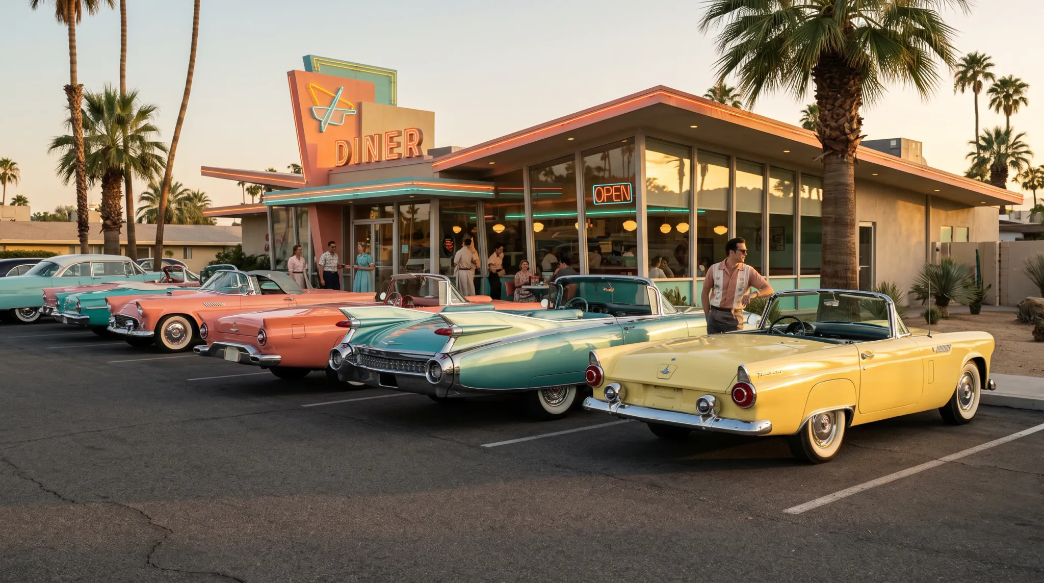 A vibrant scene of a retro 1950s-style diner at sunset, featuring a glowing neon 'DINER' sign. Several classic convertible cars in bright yellow, teal, and pink are parked in a row in front. A man wearing a pink short-sleeve shirt, grey trousers, and sunglasses leans on the yellow convertible in the foreground, facing right. Palm trees frame the parking lot, and several other people can be seen standing near the entrance and sitting inside the brightly lit diner.