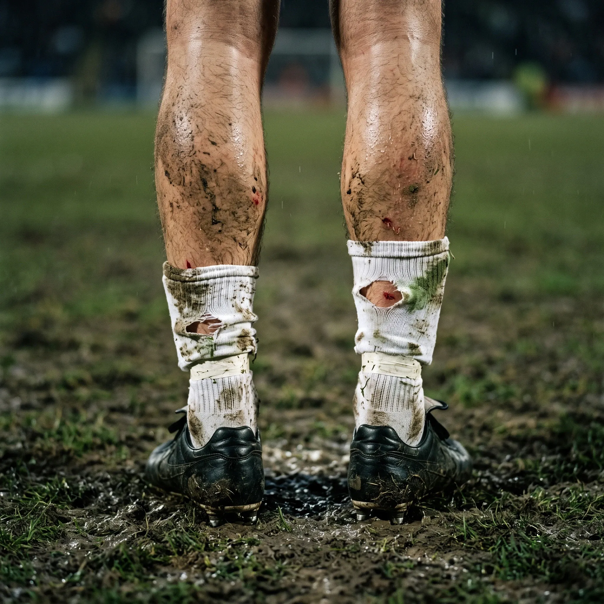 Rear view of an athlete's mud-splattered and scratched calves, wearing torn white socks taped at the ankles and muddy black studded boots while standing on a wet outdoor sports pitch in the rain.
