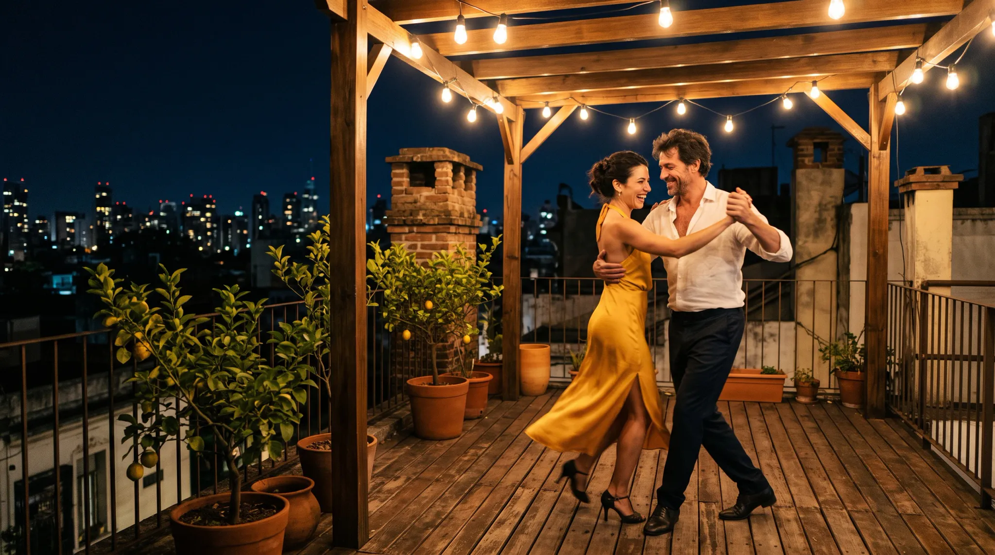 A smiling woman in a flowing yellow dress and black heels dances with a smiling man in a white shirt, dark trousers, and black dress shoes on a warmly lit rooftop terrace at night. Potted lemon trees, a wooden pergola with hanging bulbs, brick chimneys, and an illuminated urban skyline fill the scene.