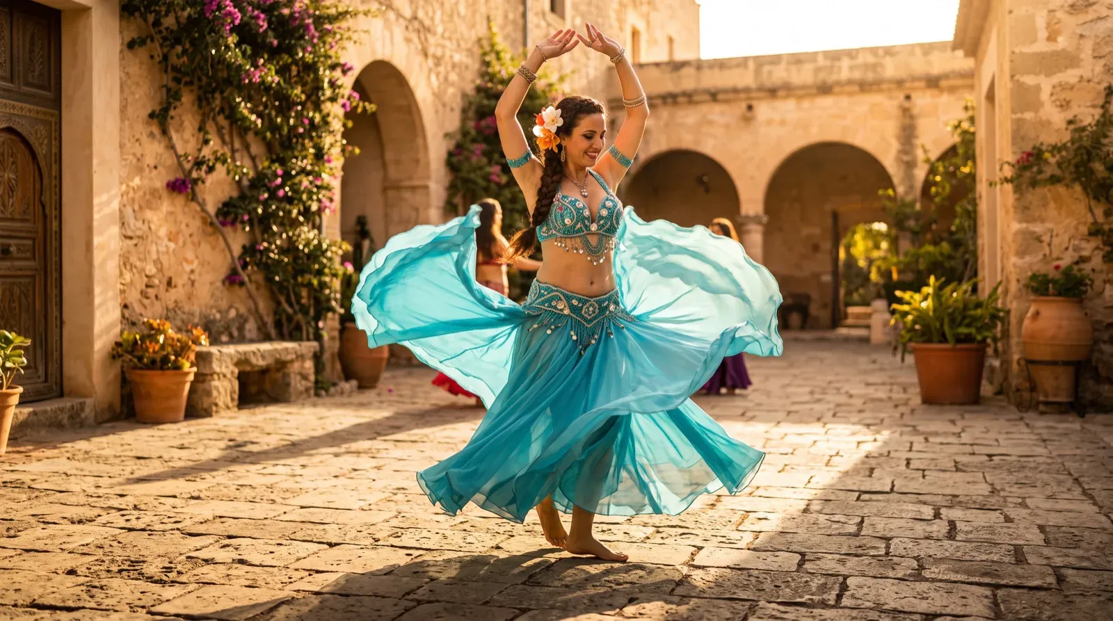 A female belly dancer in a turquoise costume with an embellished bra top and matching hip belt twirls barefoot with arms raised overhead in a sunlit stone courtyard with arches, while background figures stand in the distance.