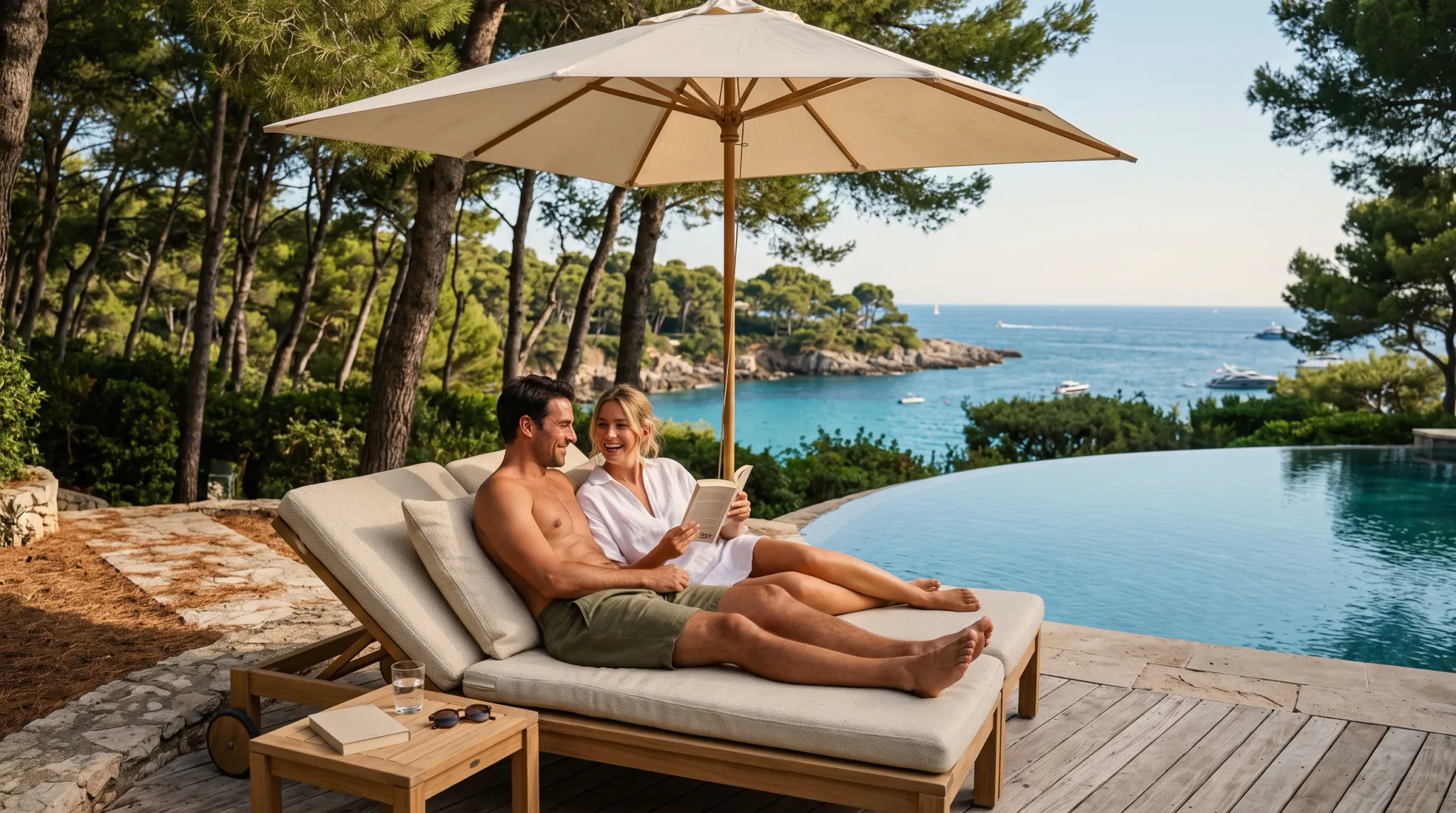 A smiling young couple relaxes on cushioned wooden sun loungers under a wide cream patio umbrella beside a curved infinity pool. The shirtless man, wearing olive green swim trunks, reclines with legs extended and smiles at the blonde woman beside him. The woman, dressed in a loose white button-down shirt, laughs while holding an open paperback book. A small wooden side table holds a glass of water, sunglasses, and a book. In the background, Mediterranean pine trees border a tranquil turquoise coastal bay under a sunny sky.
