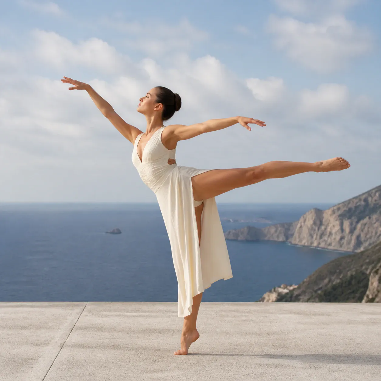A female dancer in an off-white flowing sleeveless dress balances in an elegant arabesque pose on an elevated outdoor concrete terrace. The background features a deep blue sea, coastal rocky cliffs, and a soft blue sky with light clouds.