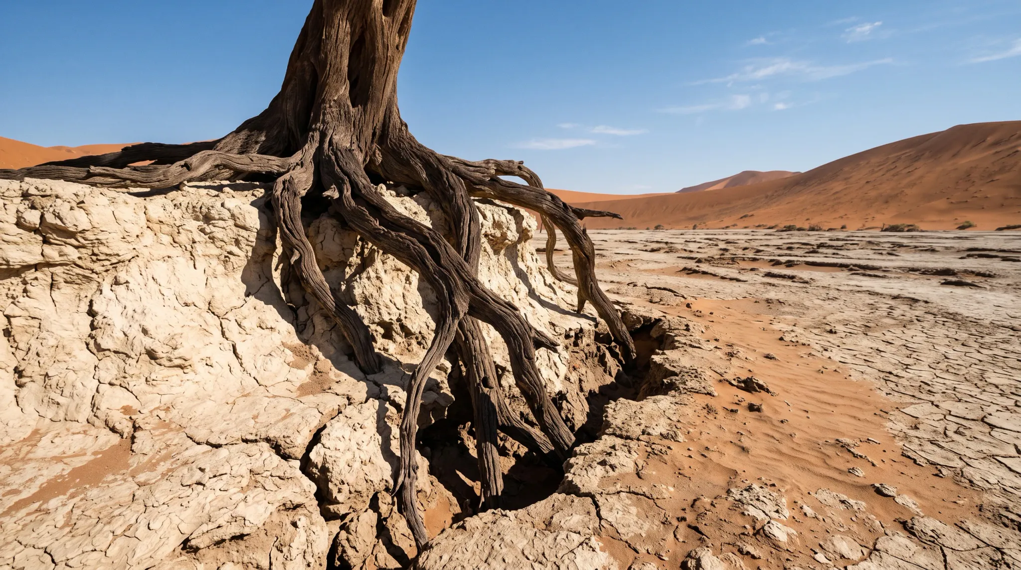 A wide-angle, low-angle photograph capturing the dramatic exposed roots of a weathered dead tree clinging to an eroded, cracked clay mound in an arid desert pan. In the background, towering orange sand dunes rise beneath a clear blue sky, evoking the stark landscape of Deadvlei in Namibia.
