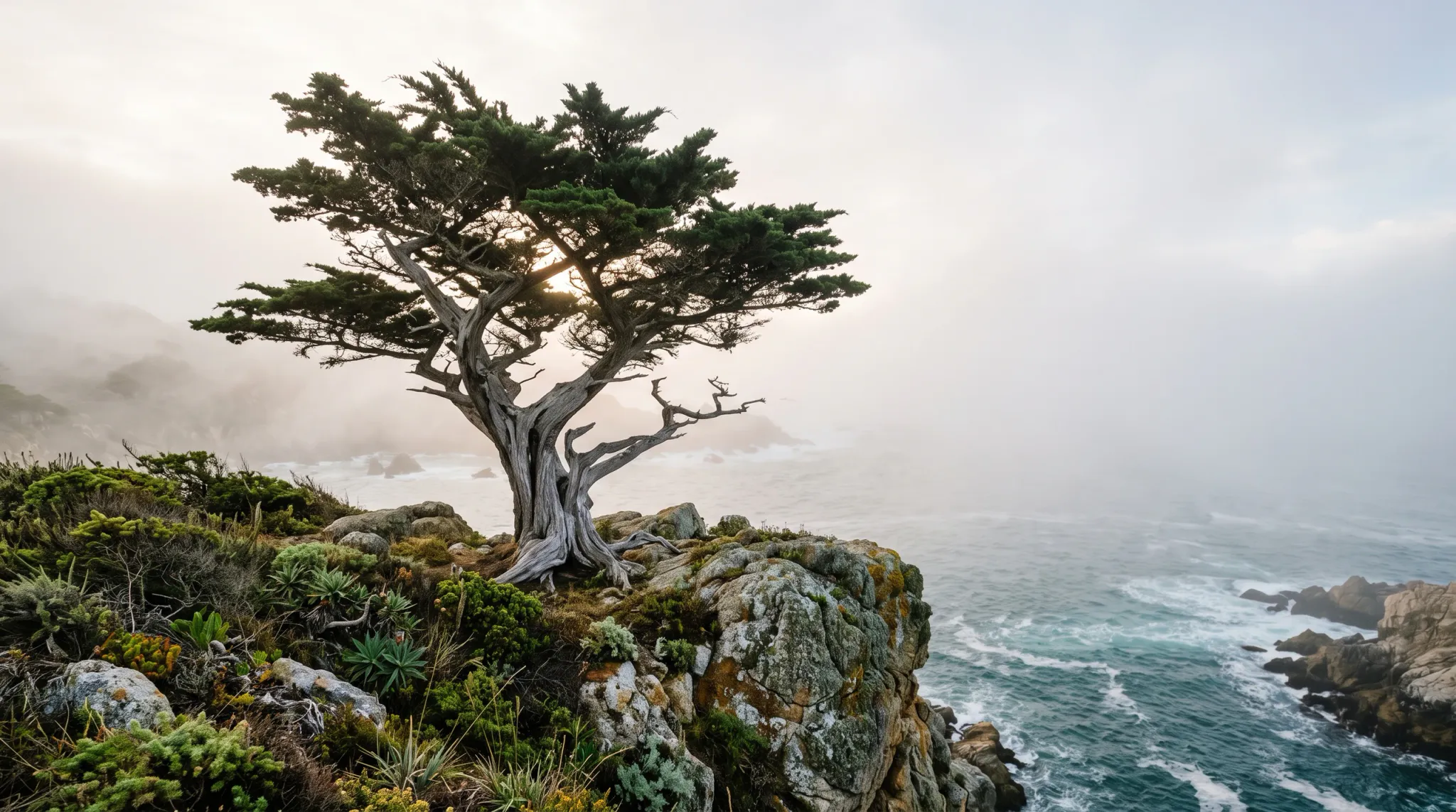 A gnarled cypress tree stands atop a rugged rocky cliff overlooking turquoise ocean waters shrouded in coastal fog. Low coastal vegetation and moss cling to the lichen-covered granite rocks beneath the weathered branches, while diffuse sunlight filters through the mist.
