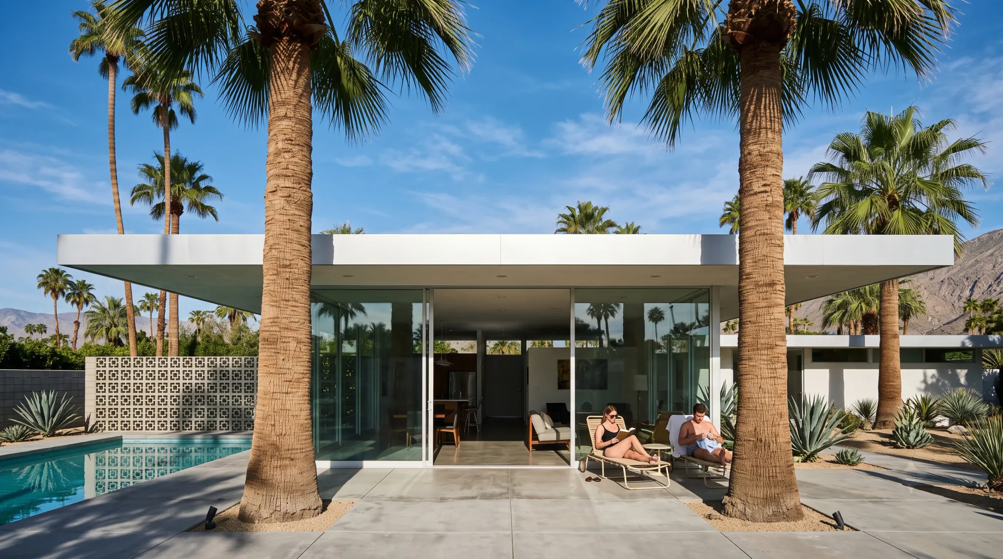A bright, wide outdoor photograph of a modern flat-roof villa with floor-to-ceiling glass walls, a swimming pool, concrete patio, patterned privacy wall, palm trees, agave plants, gravel landscaping, and mountains in the background. Two adults relax in lounge chairs near the glass façade: a woman in a black sleeveless top and sunglasses and a man in light shorts.