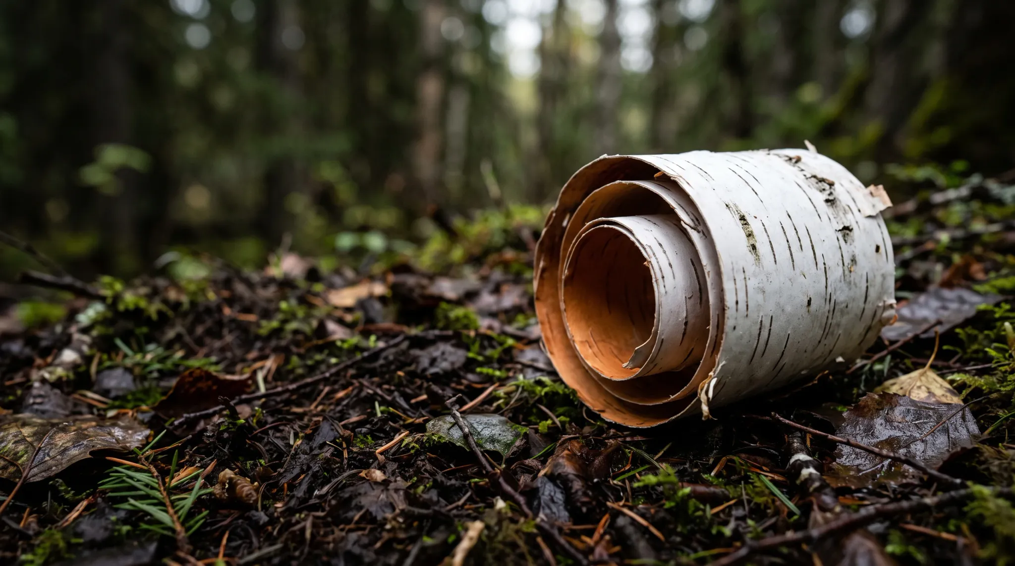 A low-angle close-up photograph captures a tightly curled white birch bark scroll resting on the damp forest floor amongst moss, pine needles, and decomposing leaves, set against a softly blurred woodland background.