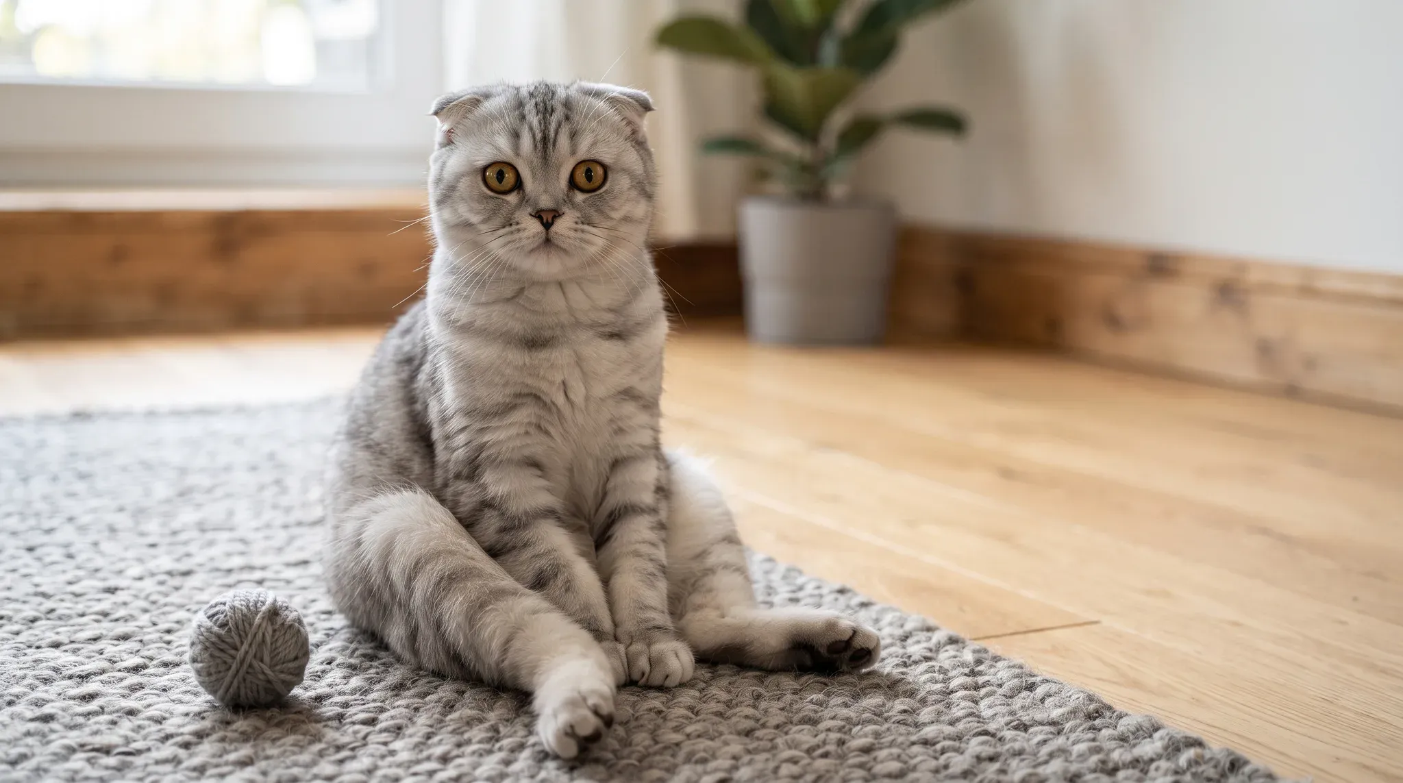 A silver tabby Scottish Fold cat sits upright on its hindquarters in a human-like posture on a thick grey woven rug. To the left of the cat rests a small ball of grey yarn. The cat gazes directly into the camera with large amber eyes, displaying prominent forward-folded ears. In the softly blurred background, natural wood flooring, a window, and a leafy potted houseplant create a cozy indoor atmosphere.