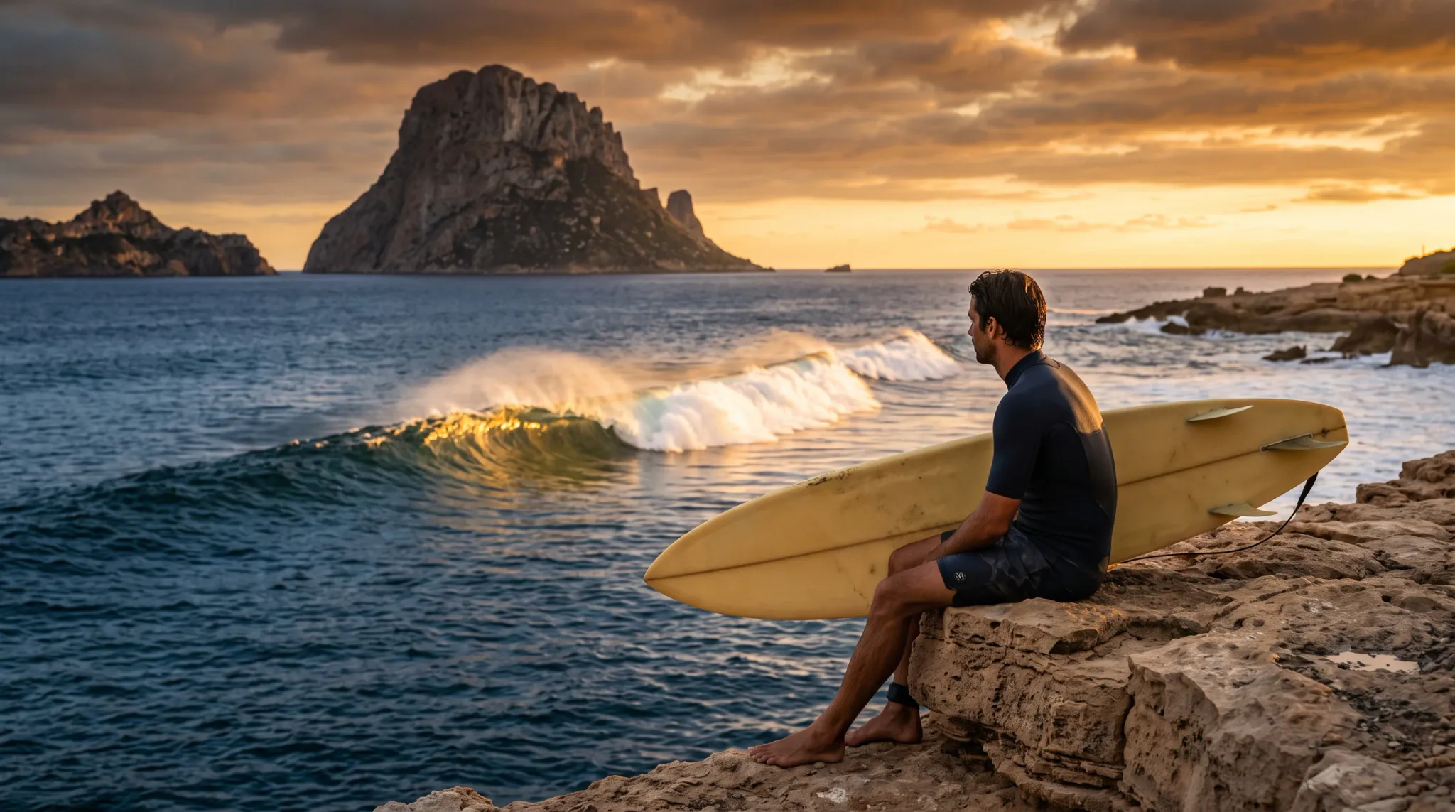 A male surfer sits barefoot on a rugged limestone rock ledge near the ocean, holding a yellow surfboard leaning against his body, gazing out toward a breaking wave crashing with white foam. In the background, a large dramatic sea stack island rises from the calm sea under a vivid golden-orange sunset sky with partially cloudy coverage. The warm golden light bathes the entire scene, reflecting on the ocean surface and highlighting the wave. The rocky coastal setting is open and wild with additional rock formations visible to the right. The man wears dark navy board shorts and a dark short-sleeve rash guard top, is barefoot, and has no visible accessories, hat, or jewellery.