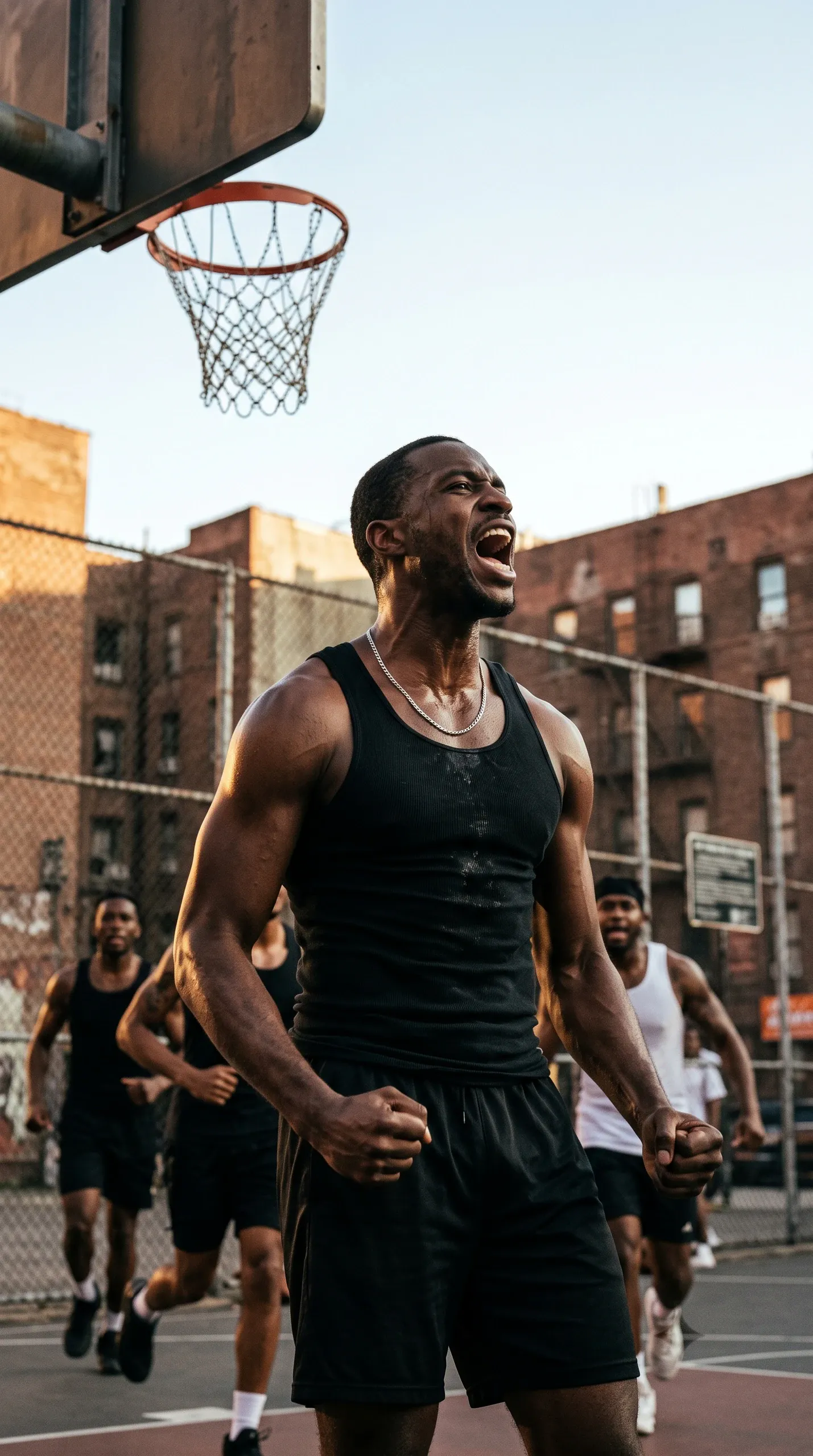 An athletic man in a black tank top and athletic shorts celebrates passionately with clenched fists and an open-mouth roar on an outdoor urban basketball court, positioned beneath the hoop as other players move in the background.