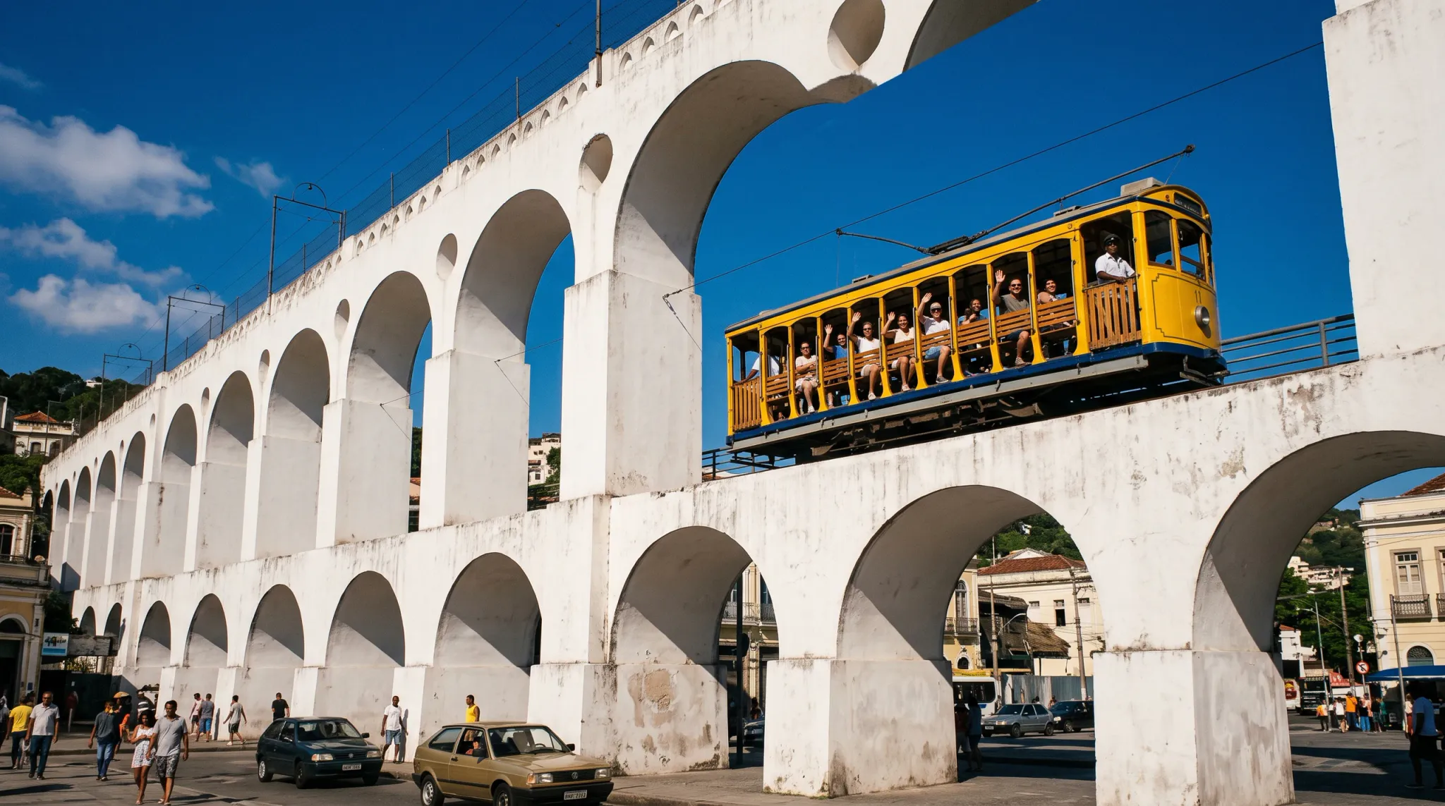 A yellow open-sided tram carrying waving passengers travels across a large white multi-level aqueduct in a sunny urban setting. Pedestrians and cars are visible below, with overhead electric wires, hillside buildings, and a vivid blue sky.