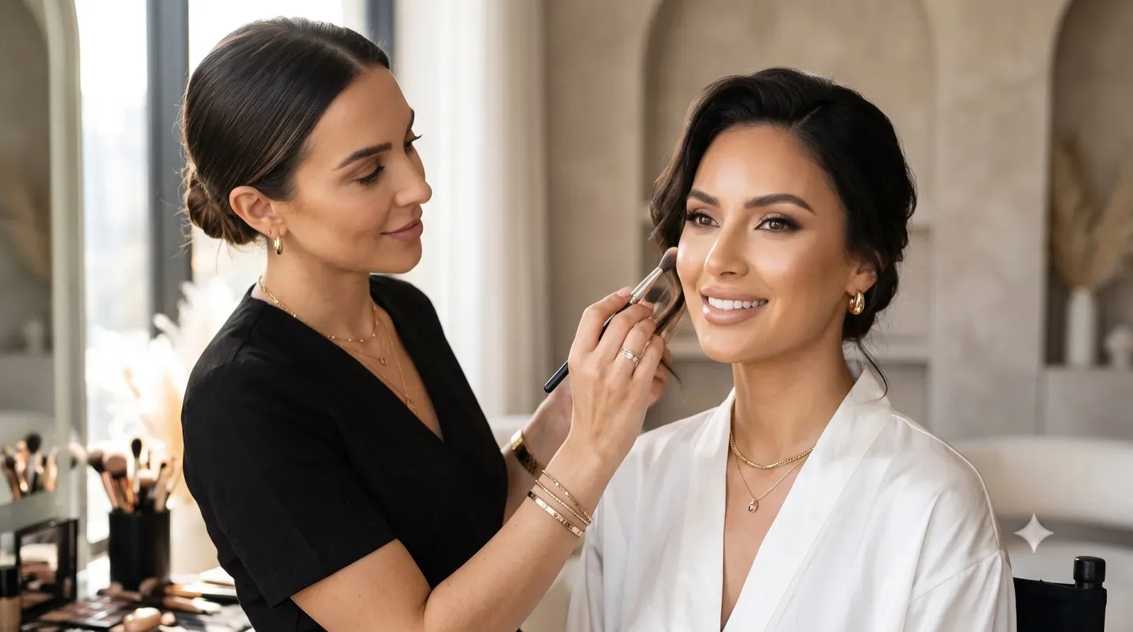 A makeup artist in a black V-neck top holds a brush to apply cheek makeup to a smiling client in a white satin robe. Both women have dark hair styled up and are situated indoors in a soft, naturally lit studio setting.