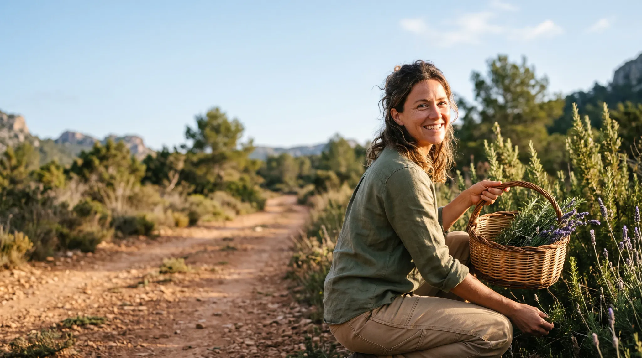 A smiling adult woman crouches beside wild lavender and rosemary bushes along a dirt track winding through sunny Mediterranean scrubland. She holds a woven wicker basket filled with freshly gathered herbs and looks directly at the camera in warm natural afternoon sunlight, wearing an olive green shirt and tan cargo trousers.
