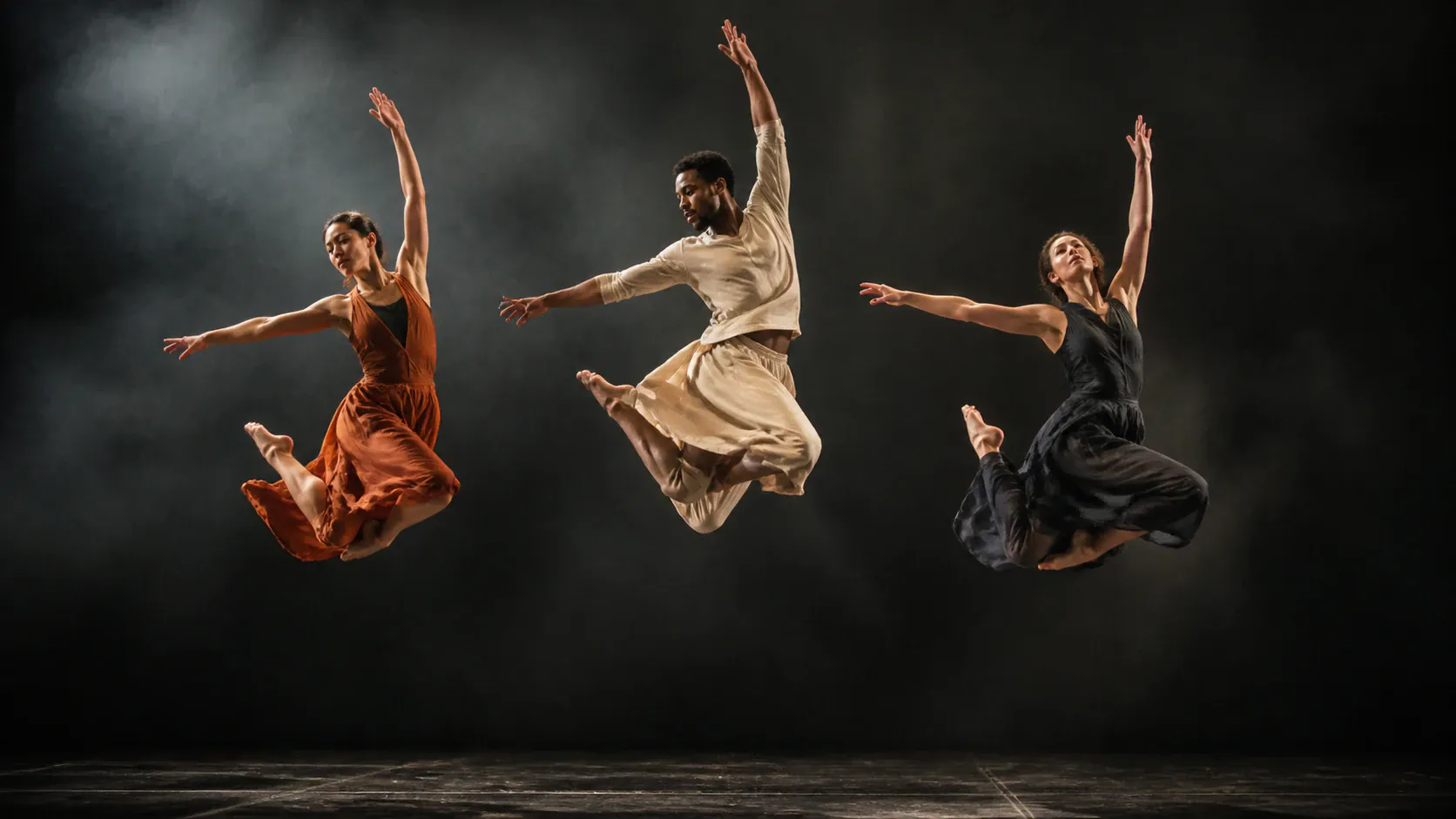 Three barefoot contemporary dancers—two women and one man—are captured mid-air in coordinated leaps across a dark theatrical stage illuminated by overhead spotlights through atmospheric haze.