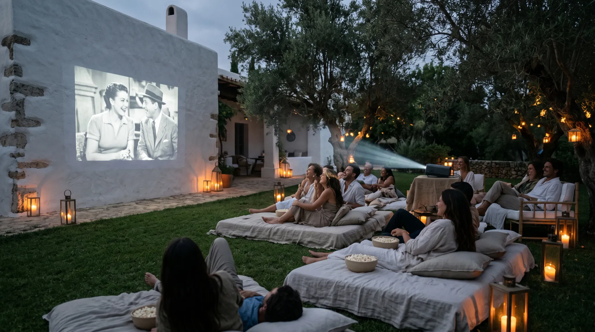 A group of around ten adults relaxes on large floor mattresses and cushioned sun loungers on a grass lawn at dusk, watching a black-and-white classic film projected onto the white stucco wall of a Mediterranean-style villa. Multiple large floor lanterns and warm string lights strung through olive trees illuminate the scene. Bowls of popcorn rest on the mattresses. Some viewers are laughing and smiling; others are reclining and gazing at the screen. A projector beam is visible cutting through the dimming evening air from mid-right. The whitewashed building has a stone accent detail and a visible courtyard area behind it. The atmosphere is warm, intimate, and festive.