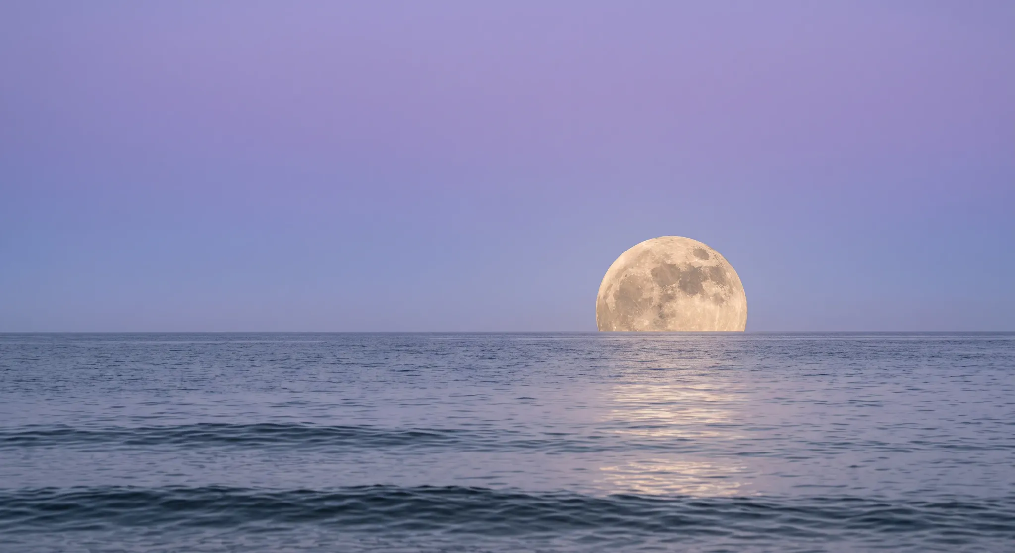 Wide, tranquil seascape at blue hour with a large golden full moon low on the right side of the horizon and a soft shimmering reflection across the rippled blue-purple ocean. The sky is clear and mostly empty, creating generous negative space and a calm, dreamlike mood.