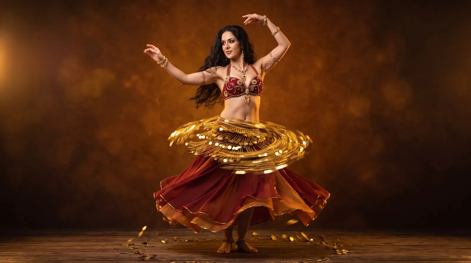 A female belly dancer in an ornate red and gold halter top and flowing crimson skirt spins gracefully on a wooden studio floor, creating dynamic motion blur with her metallic coin hip belt.