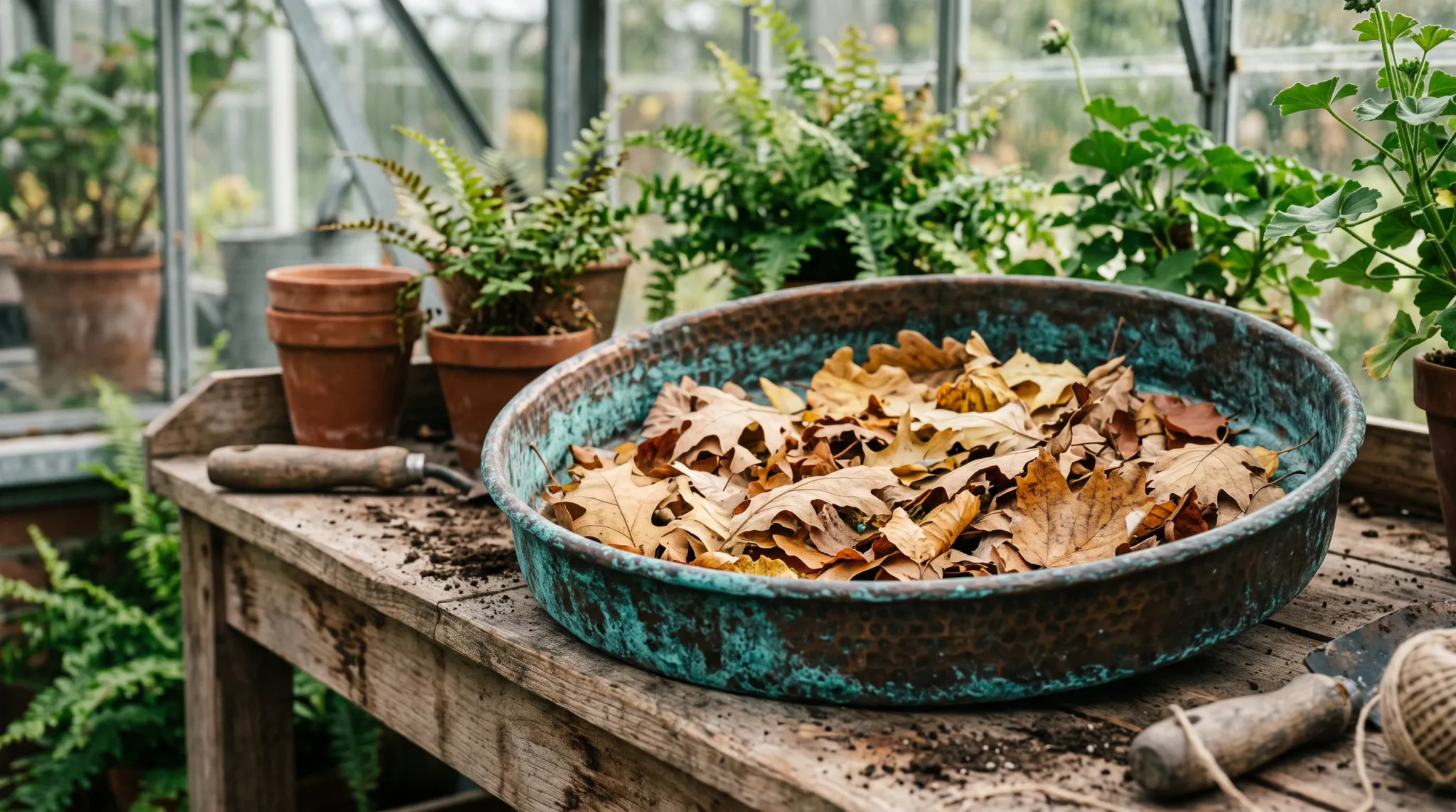 A large hammered teal-and-brown metal basin filled with dry autumn leaves sits on a rustic wooden workbench inside a bright greenhouse. Ferns and other leafy potted plants surround the workspace, with terracotta pots, gardening trowels, soil, and a spool of twine visible.