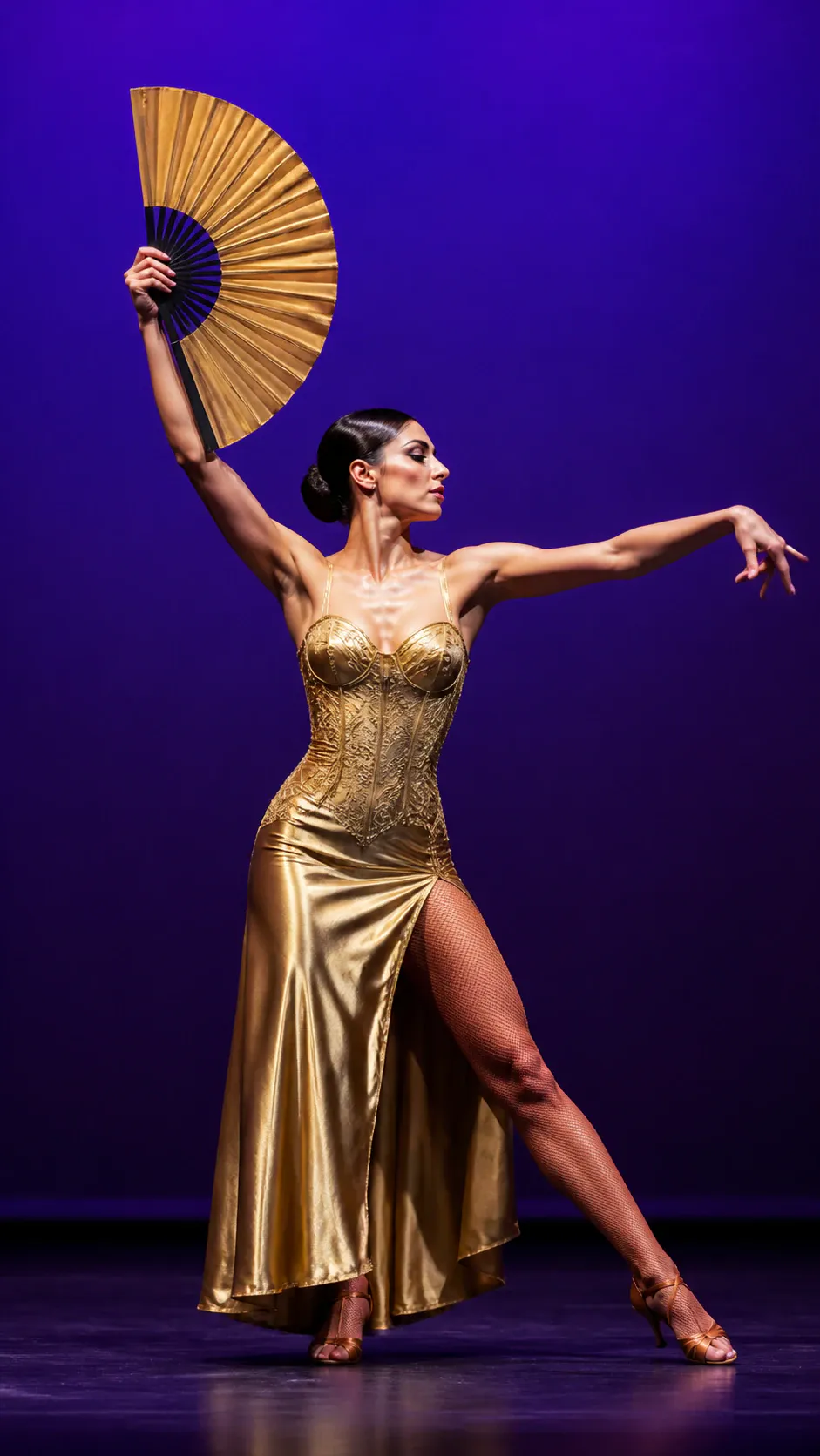 A female dancer poses dramatically on an indoor stage illuminated against a vibrant violet-purple backdrop. She holds an open metallic gold folding fan above her head with her right hand while extending her left arm outward in an elegant, stylized dance gesture. She wears a form-fitting metallic gold corset-style gown featuring a high leg slit that reveals fishnet hosiery, complemented by tan strappy dance heels. Her dark hair is neatly styled into a low bun with a side part, and her focused gaze is directed toward stage left.