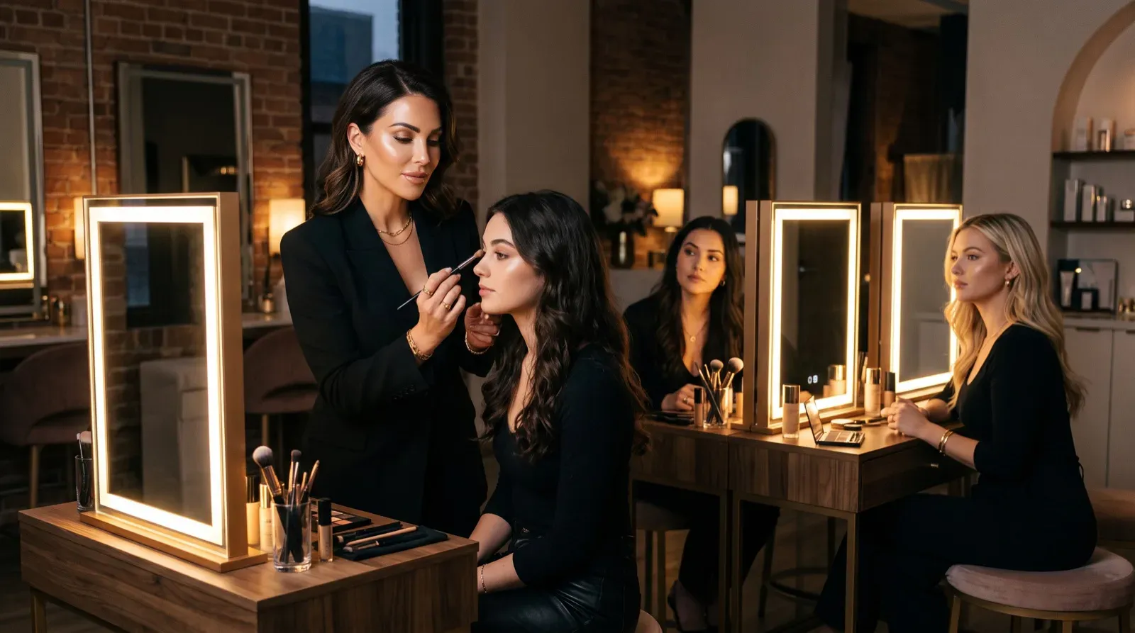 A professional makeup studio with warm ambient lighting and illuminated vanity mirrors. On the left, a makeup artist in a black blazer carefully applies cosmetic powder around a client's eye using a makeup brush. In the background and at adjacent stations, two other women in black attire are seated at vanity tables.