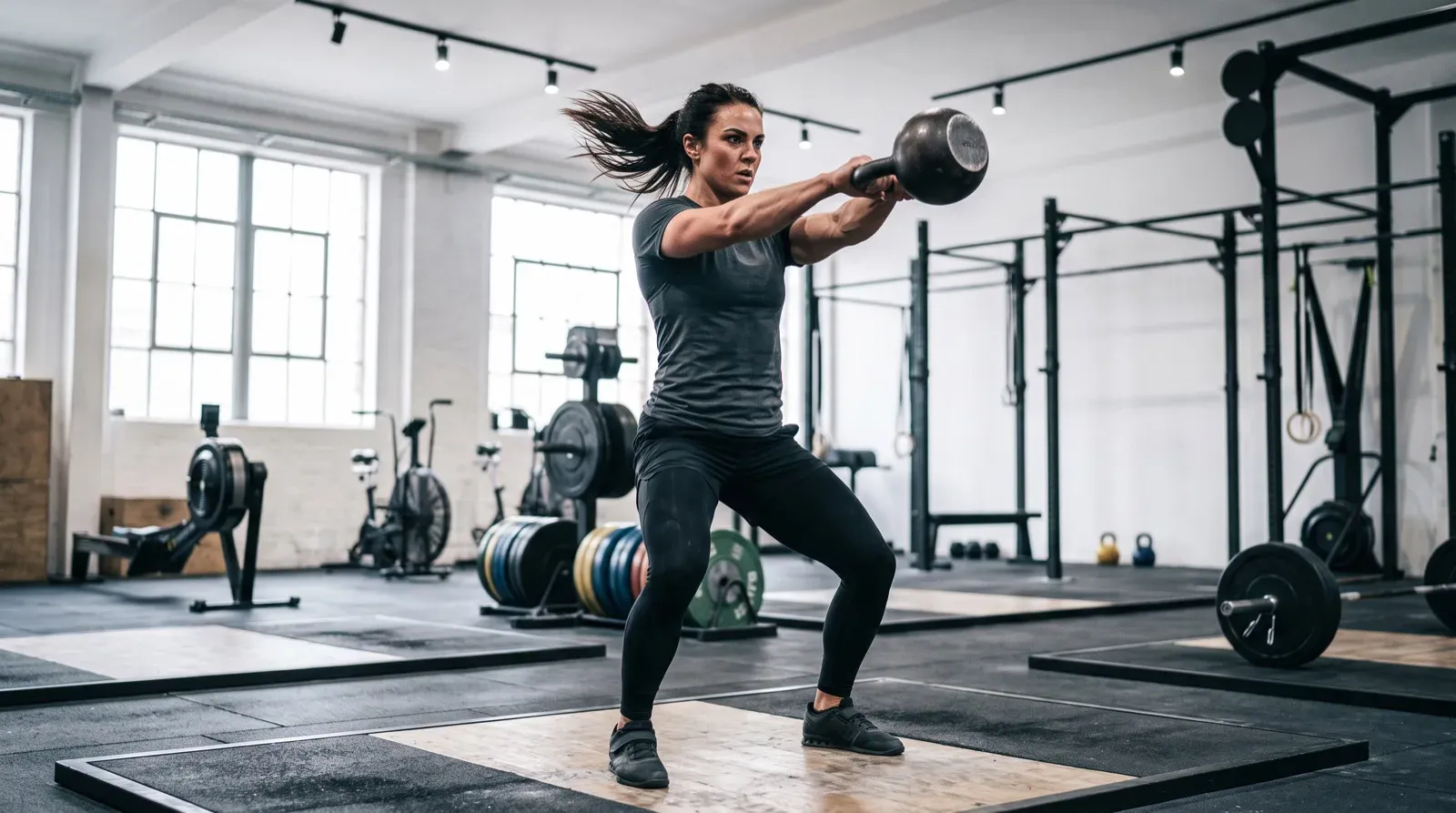 A muscular woman in athletic attire performs a kettlebell swing with both hands on a wooden platform inside a bright, spacious gym facility with weights and training racks in the background.