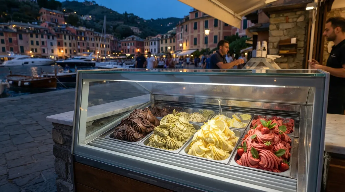 An illuminated glass display case showcases mounds of artisanal gelato flavors—including rich chocolate, pistachio, lemon garnished with citrus, and strawberry adorned with fresh berries and mint—in front of an Italian coastal harbor village at dusk, where boats are moored and pedestrians stroll along the waterfront promenade.