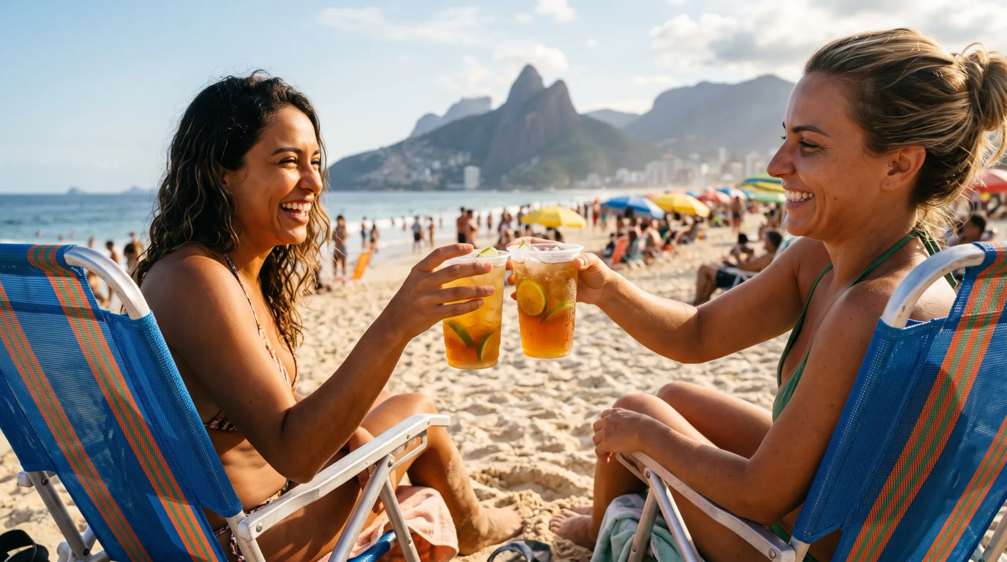 Two smiling adult women sit facing each other in blue-and-orange striped folding beach chairs on a sandy beach, clinking plastic cups filled with an amber iced cocktail garnished with lime or citrus slices. Both wear bikini tops — the woman on the left in a dark patterned bikini top with medium-length wavy dark hair, and the woman on the right in a green bikini top with light-brown hair pulled back in a bun. Their expressions are joyful and open-mouthed laughing. The background features a busy beach scene with many beachgoers, colorful beach umbrellas (yellow, blue, green), ocean waves, and striking twin mountain peaks against a partly cloudy blue sky.