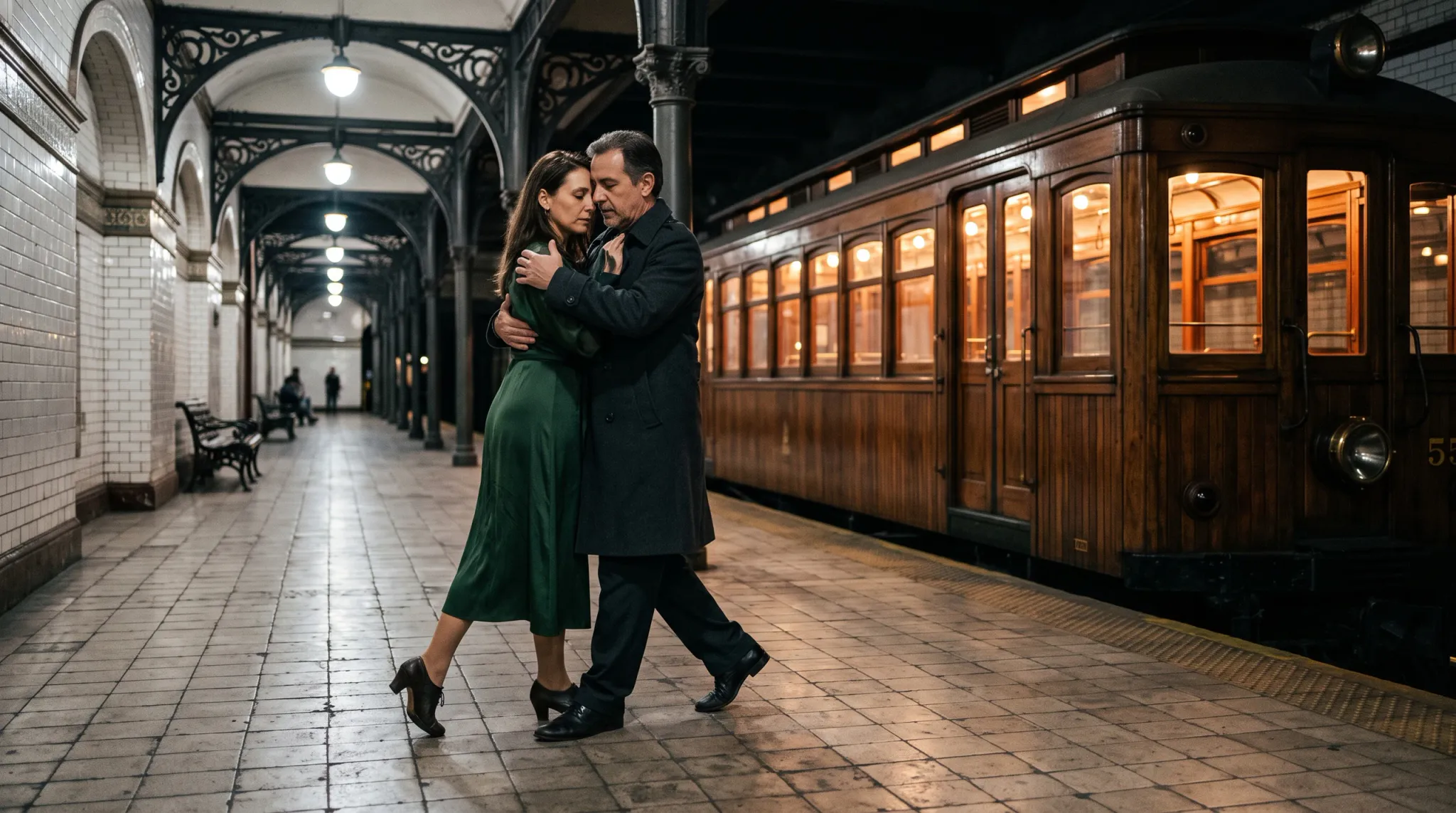 An adult man in a charcoal overcoat and a woman in an emerald green midi dress are locked in an intimate embrace or slow dance on an underground subway station platform beside a vintage wooden train carriage. The platform is tiled beneath decorative wrought-iron arches and warm interior train illumination.