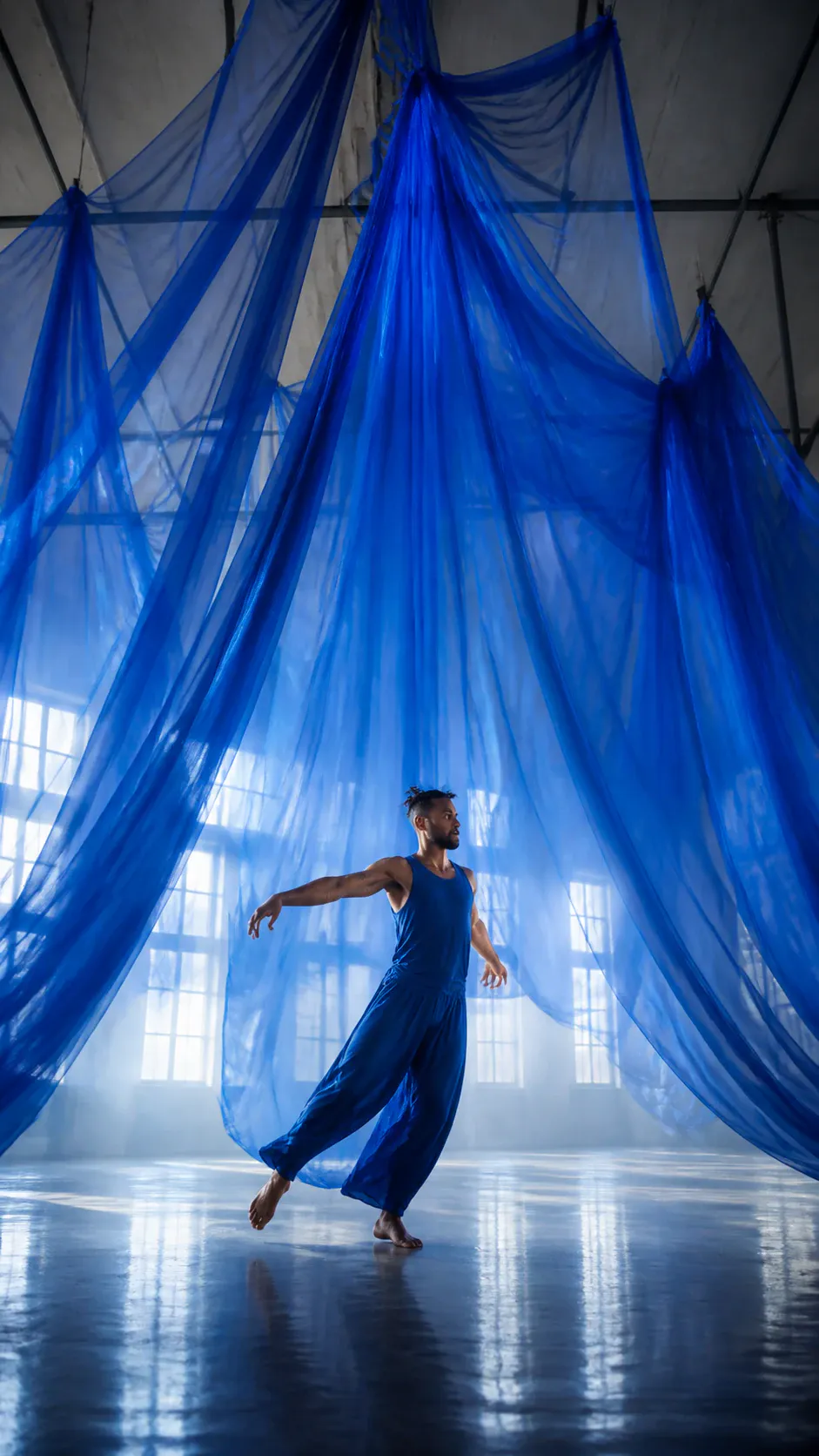 A solo male-presenting adult dancer performs barefoot in a spacious indoor dance studio, surrounded by large translucent blue fabric drapes suspended from the ceiling. He wears a blue sleeveless tank top and loose blue trousers, with both arms extended and one leg lifted. Bright window light fills the hazy studio, reflecting across the glossy floor.