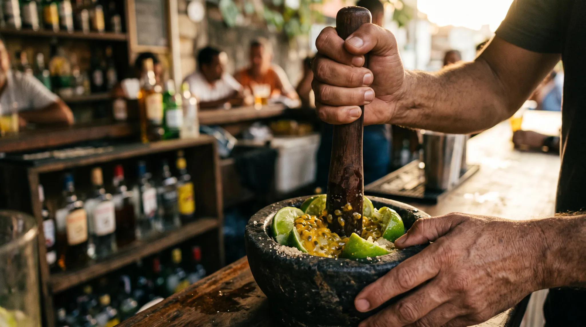 Close-up view of a bartender muddling cut limes and yellow passion fruit pulp with sugar inside a dark stone mortar using a wooden muddler on a rustic wooden bar counter, with liquor bottles and seated patrons in the warm, softly-focused background.