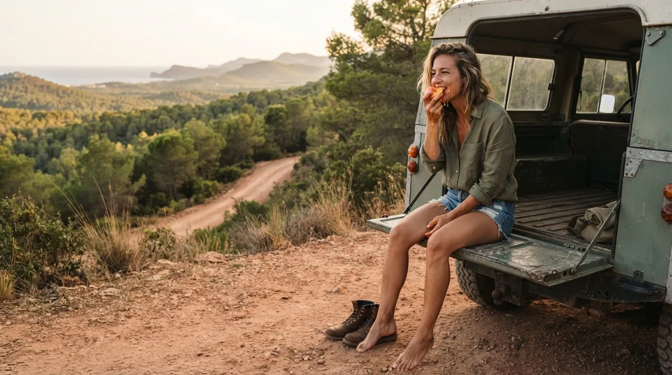 A smiling woman sits on the open tailgate of a weathered green off-road vehicle, eating a peach while overlooking a dusty rural road, wooded hills, and a distant mountain range. Her boots are placed on the ground beside her bare feet.