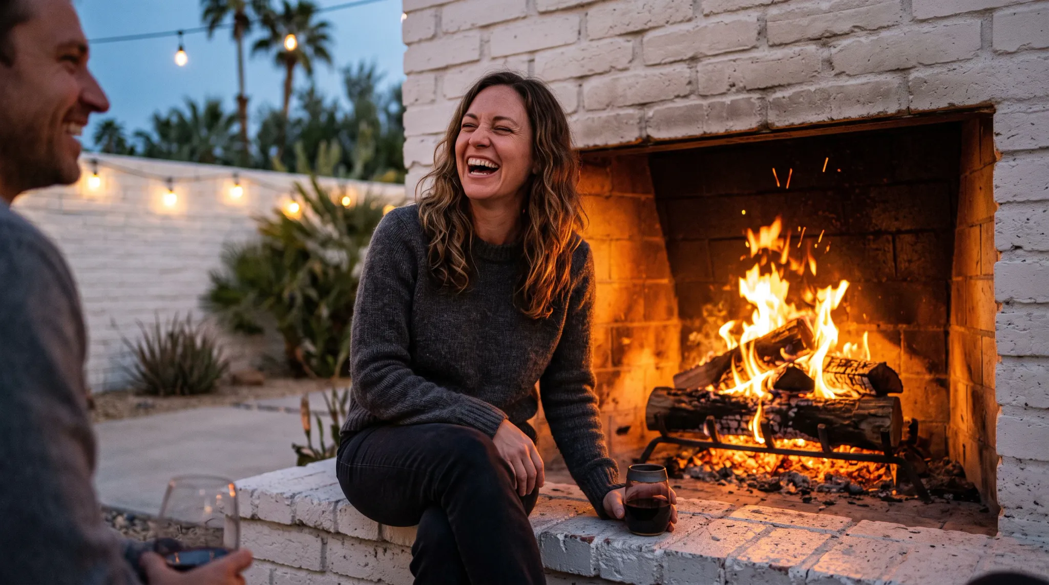 A cheerful woman laughs warmly while sitting on a painted brick hearth in front of an active outdoor fireplace in an evening patio setting. She holds a stemless glass with dark red wine, wearing a charcoal knitted sweater and dark jeans. In the left foreground, a smiling companion holds another wine glass in conversation. Strung patio lights and desert palm foliage glow under twilight in the background.
