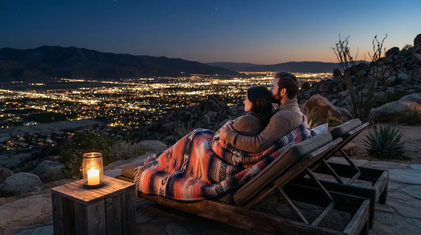 A man and a woman cuddle together wrapped in a Southwestern-patterned woven blanket on an outdoor wooden sun lounger, overlooking a panoramic illuminated city valley at twilight from a desert hillside patio. Beside them, a glowing candle lantern rests on a rustic wooden side table.