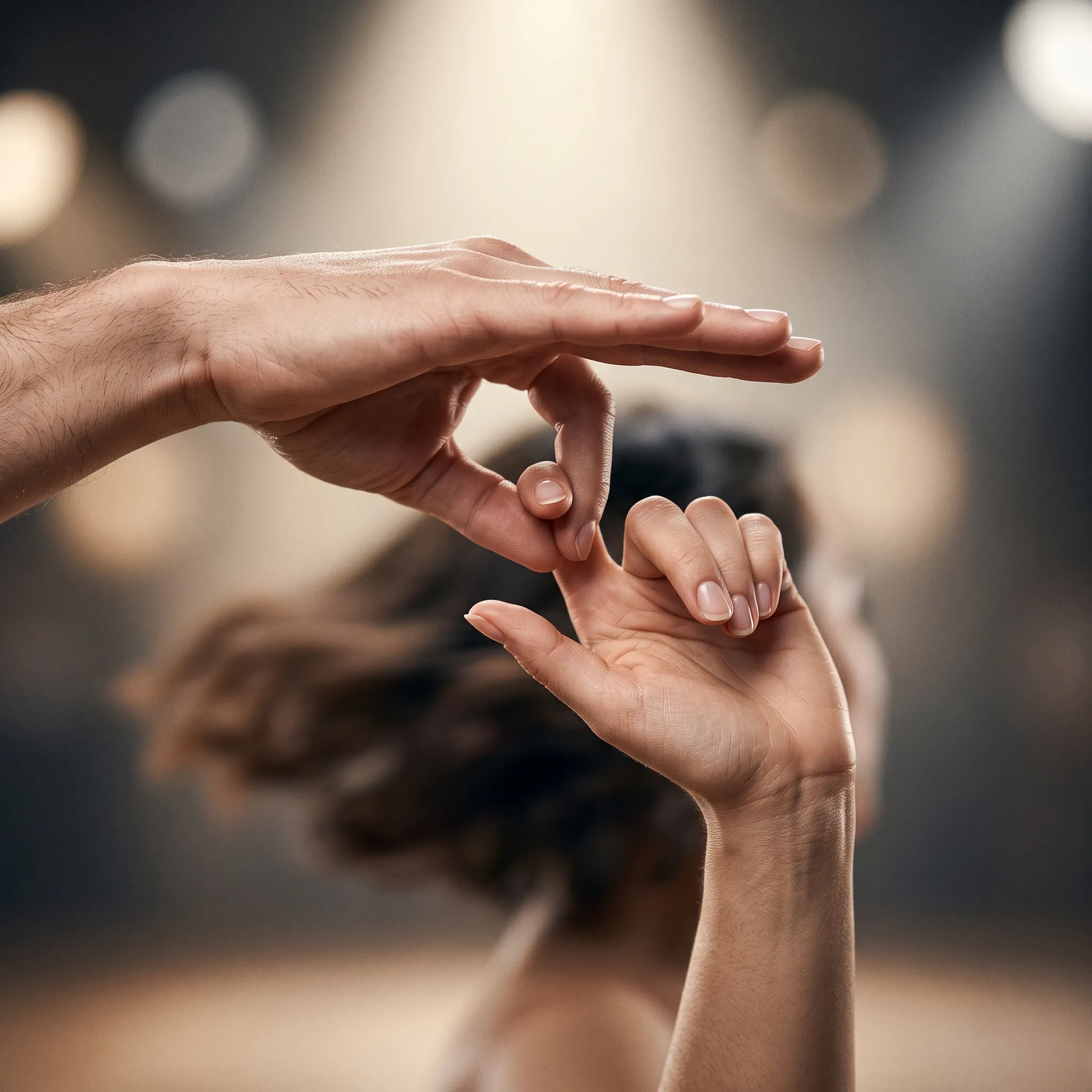 A close-up artistic composition capturing two dancers' hands performing a delicate gesture under stage lighting, with a female dancer twirling in soft focus bokeh in the background.
