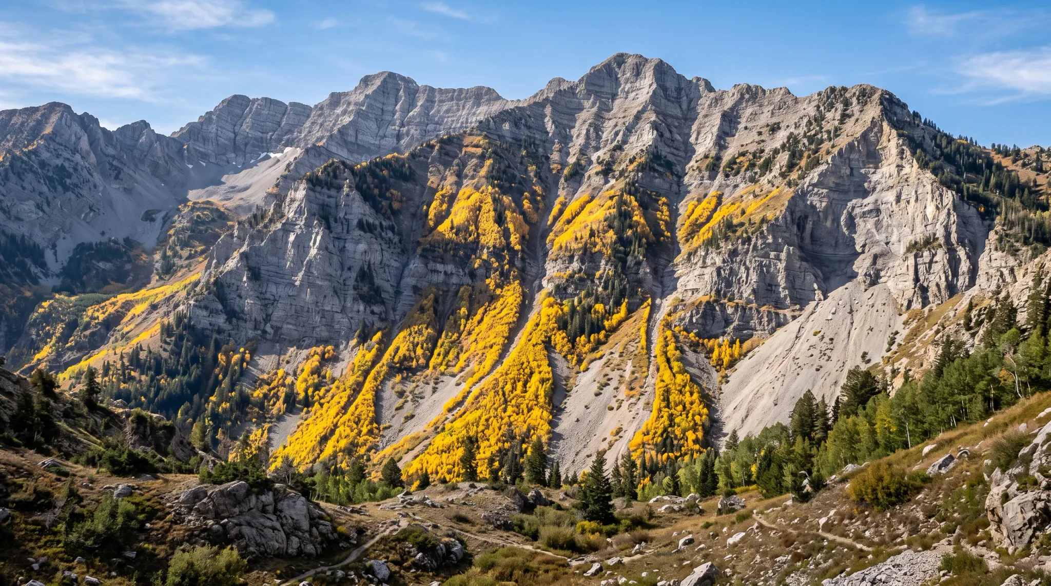 A wide, expansive view of a rugged, rocky mountain range under a blue sky dotted with light clouds. Striking bands of vibrant yellow autumn foliage flow down the mountain's steep ravines, contrasting sharply with patches of dark green coniferous trees and the grey rocky cliffs. In the foreground, a winding dirt trail cuts through scrubby, hilly terrain filled with rocks and small bushes.