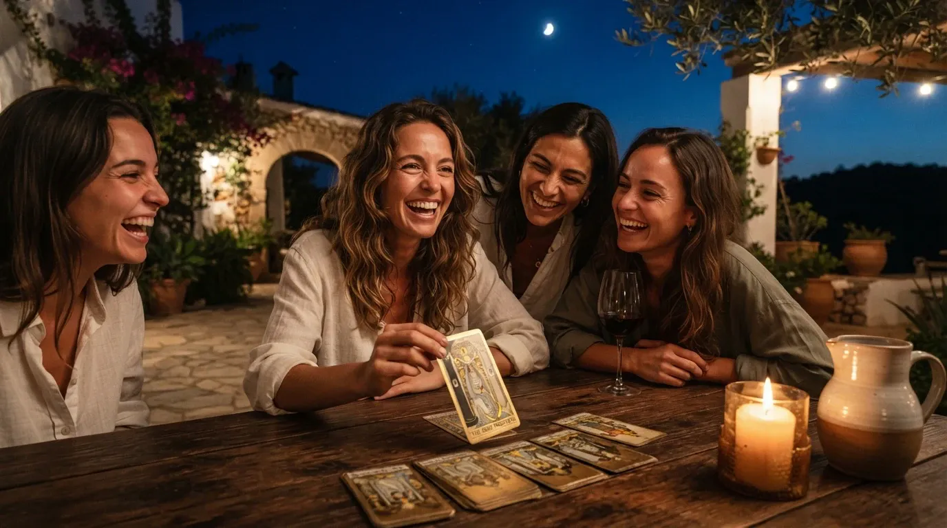Four women in light casual shirts laugh together around a rustic wooden table on an open Mediterranean-style patio at dusk. One woman holds up a tarot card while several cards lie on the table; a wine glass, lit candles, and a ceramic pitcher are nearby. Olive branches, flowering plants, stone arches, string lights, and a crescent moon create a warm evening atmosphere.