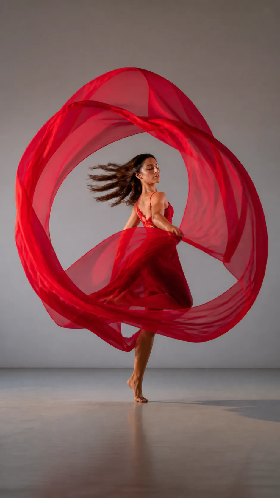 A single adult woman dances barefoot in a gray indoor dance studio, wearing a long red dress while holding and sweeping a large translucent red fabric around her body. Her long loose brown hair is windblown, and the full-body portrait captures the fabric in looping motion above a polished studio floor.