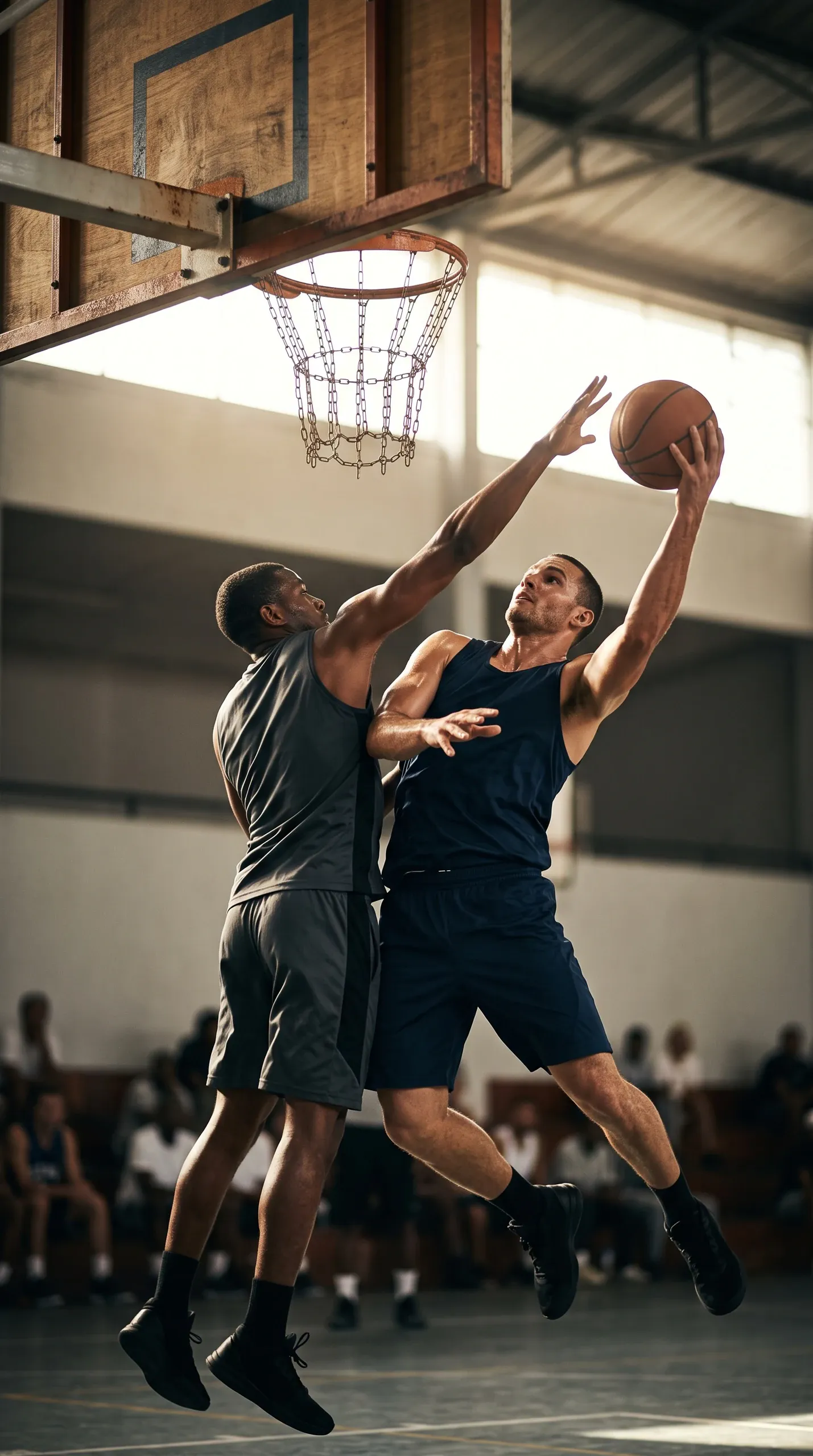 A dynamic sports photograph capturing two athletic male basketball players leaping into the air near the backboard during an indoor basketball game. The offensive player on the right, wearing a sleeveless navy jersey and navy shorts, rises up toward the hoop with the basketball held high in his right hand. Beside him, a defender in a sleeveless grey uniform jumps with his arm outstretched to contest the shot. The wooden backboard with metal rim and net hangs above them, with bright indoor lighting and blurred spectators seated along the court sideline.