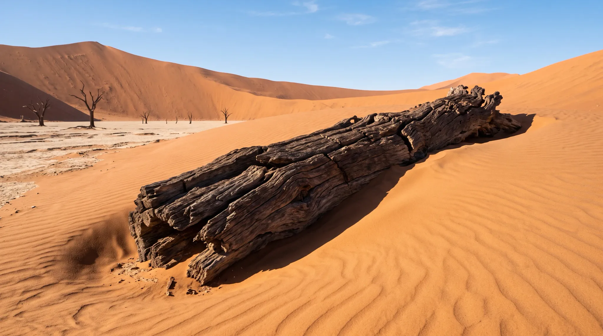A large, deeply weathered tree log lies partially embedded on an orange-red sand dune in an arid desert landscape. In the background across a white clay pan, several stark dead tree skeletons stand against massive terracotta-colored sand dunes beneath a clear blue sky with light clouds.
