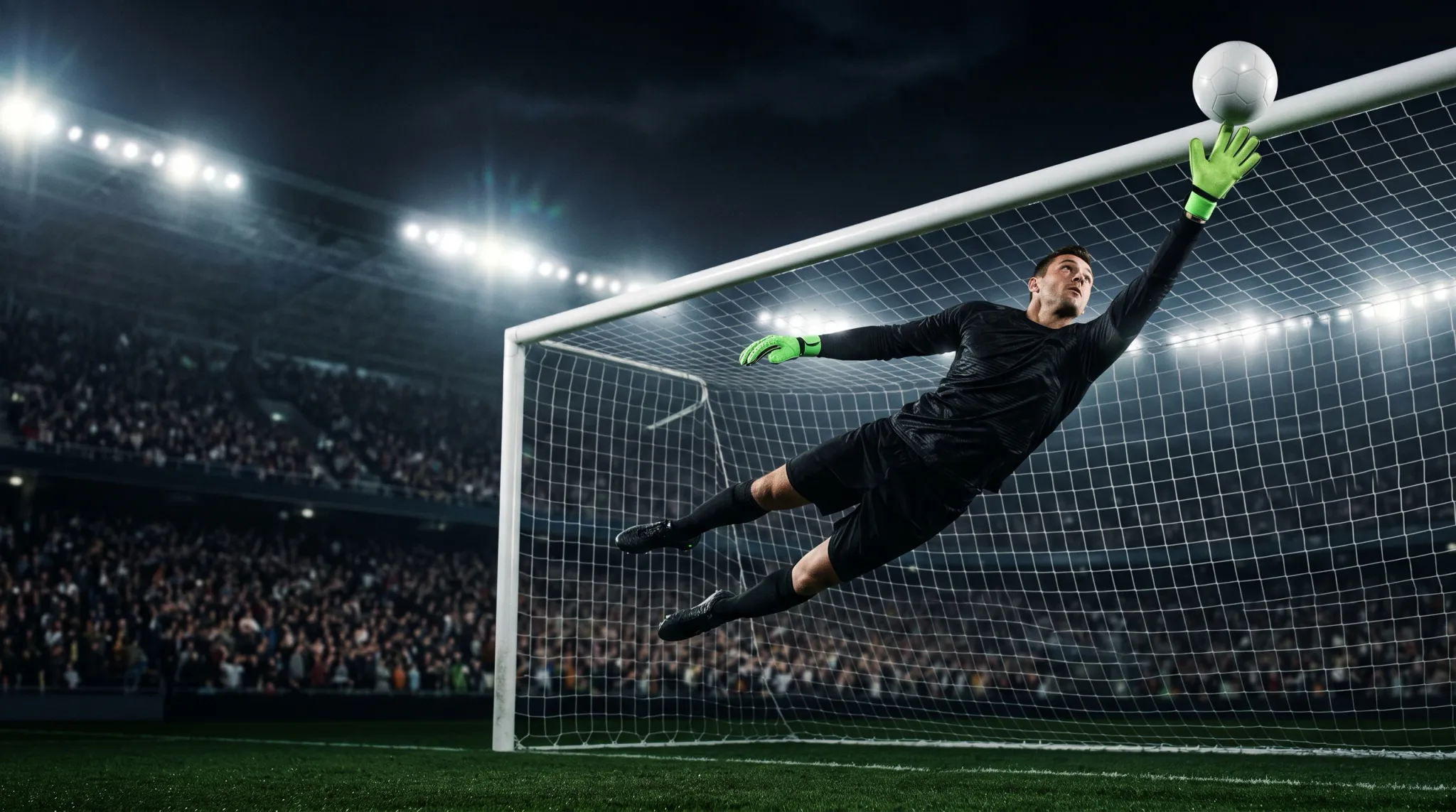 A goalkeeper in a black soccer kit and bright green gloves dives horizontally across the goal at night, reaching upward toward a soccer ball near the crossbar. The illuminated stadium, goal net, grass pitch, floodlights, and blurred crowd fill the background.