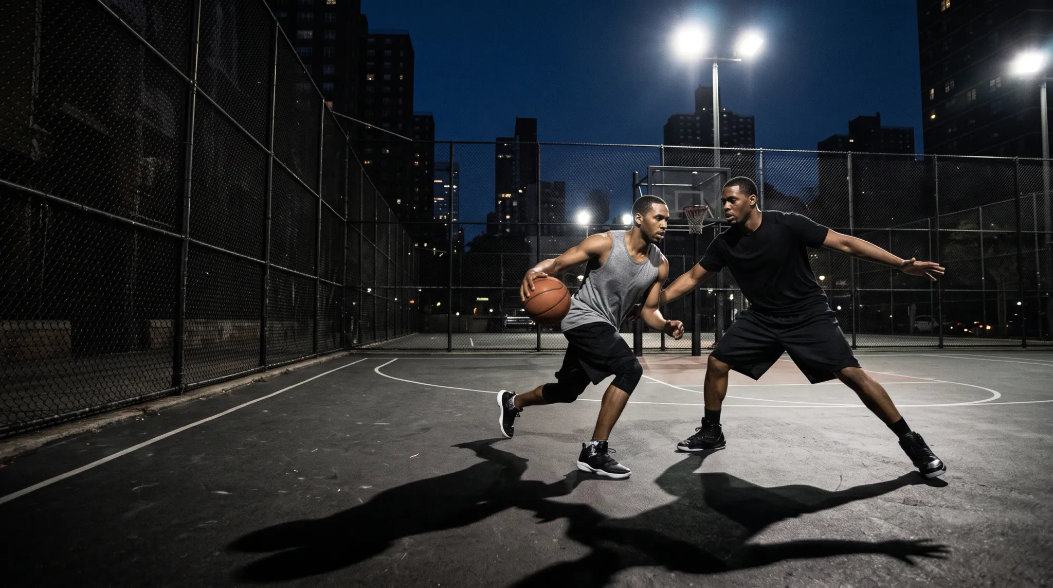 A dynamic full-body photograph of two athletic young men playing one-on-one basketball at night on an asphalt outdoor court enclosed by a chain-link fence and lit by bright floodlights. The offensive player on the left drives forward while dribbling a basketball, dressed in a heather grey tank top, black athletic shorts, and black and white sneakers. The defensive player on the right reacts in a wide stance with arms spread wide, wearing a black crew-neck t-shirt, black athletic shorts, and high-top sneakers. City residential buildings and strong court shadows appear in the background.