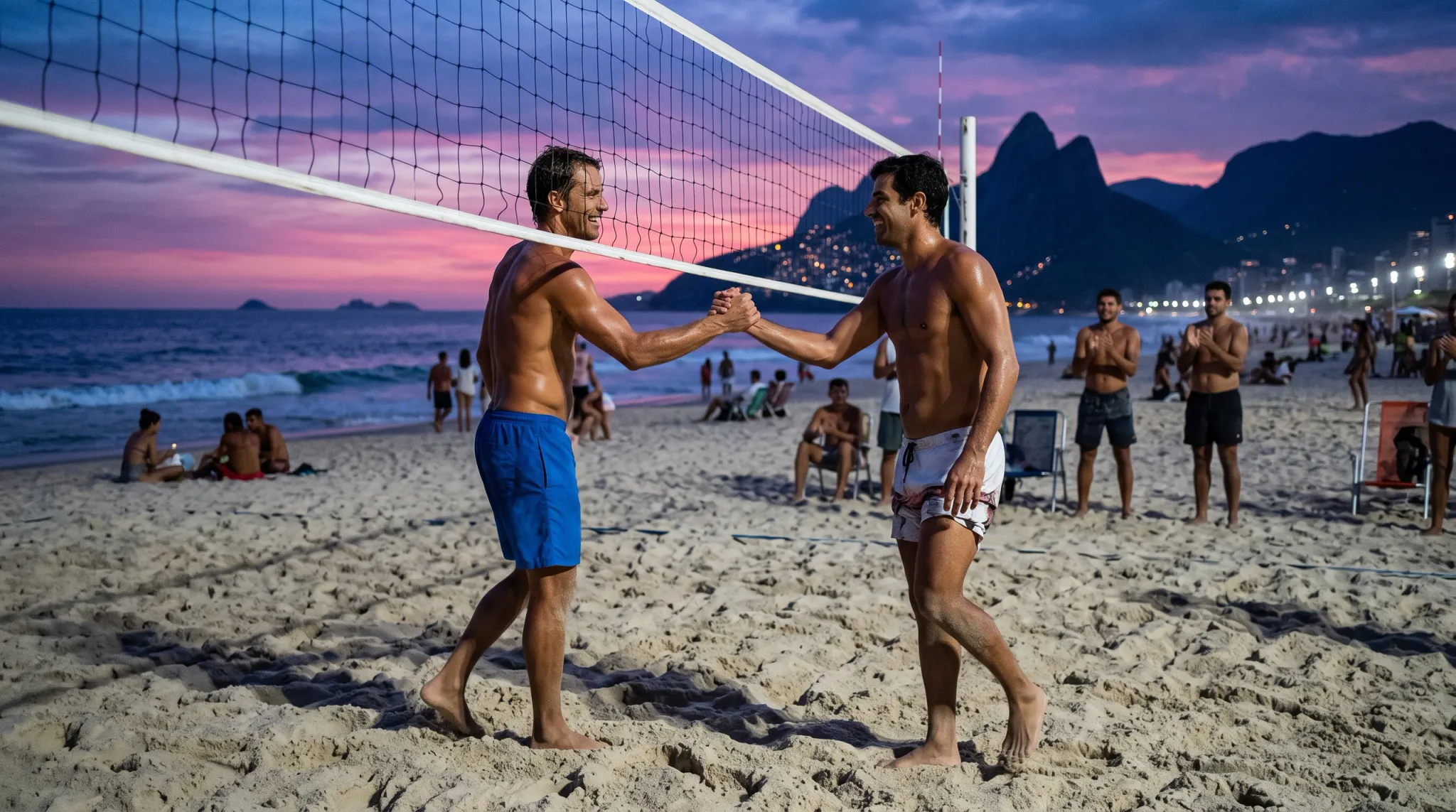 Two athletic shirtless men smile and shake hands across a beach volleyball net on a sandy beach during sunset. One man wears blue swim trunks while the other wears white patterned board shorts. Spectators and beachgoers stand and sit in the background against a scenic coastal backdrop featuring twilight skies, breaking waves, and illuminated mountains.