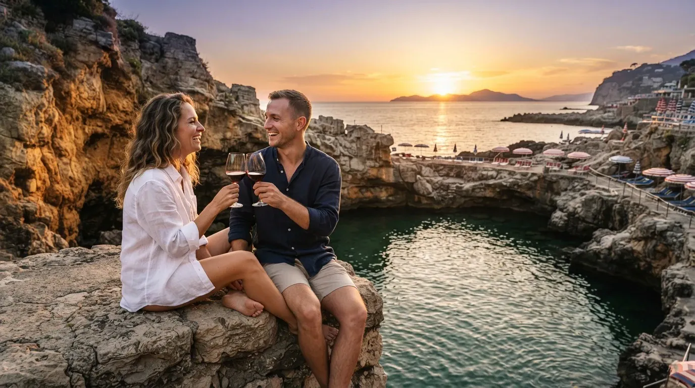 A smiling couple sits together on a rugged rocky cliff overlooking a coastal cove, toasting each other with glasses of red wine during sunset.