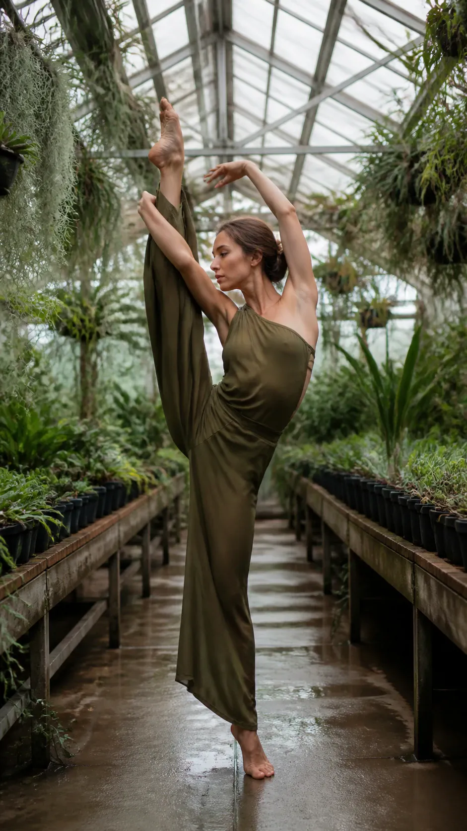 A female dancer in an olive green one-shoulder jumpsuit executes a vertical standing split while balancing barefoot on one foot in the central walkway of a sunlit greenhouse filled with potted plants.